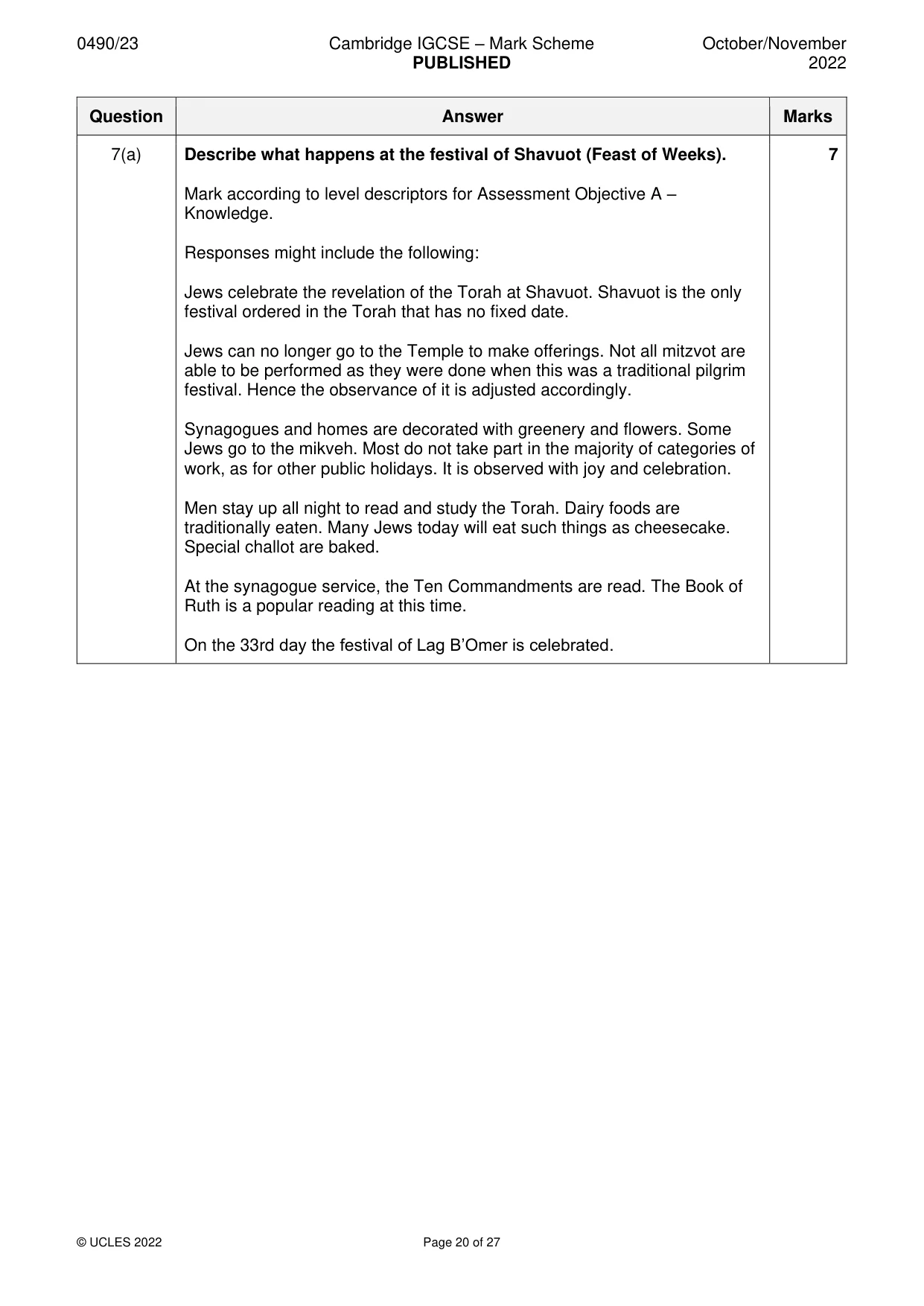 Mark scheme, page 20 of 27