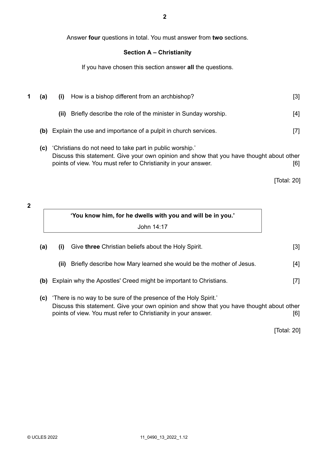 Cambridge IGCSE Religious Studies 0490 2022 Oct/Nov Paper 1 · Variant 3 question paper, page 2 of 4