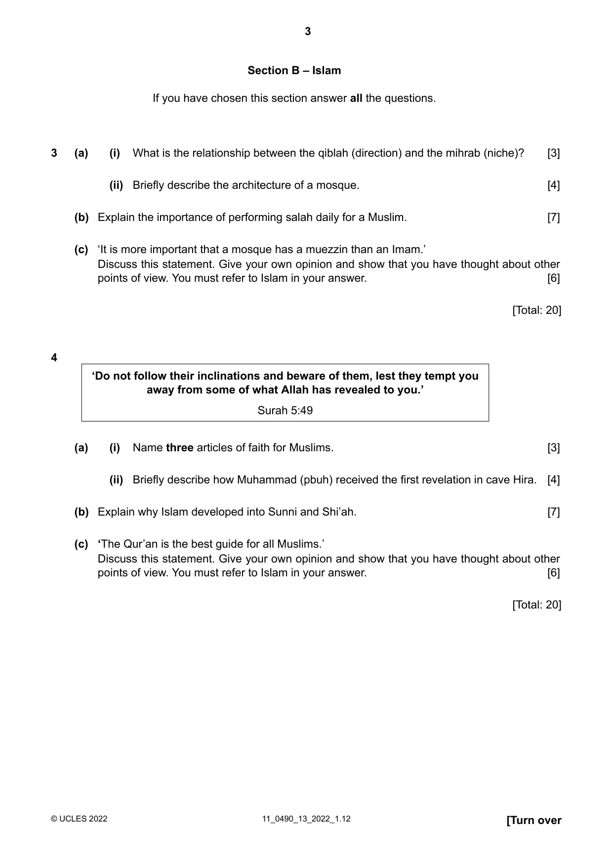 Cambridge IGCSE Religious Studies 0490 2022 Oct/Nov Paper 1 · Variant 3 question paper, page 3 of 4