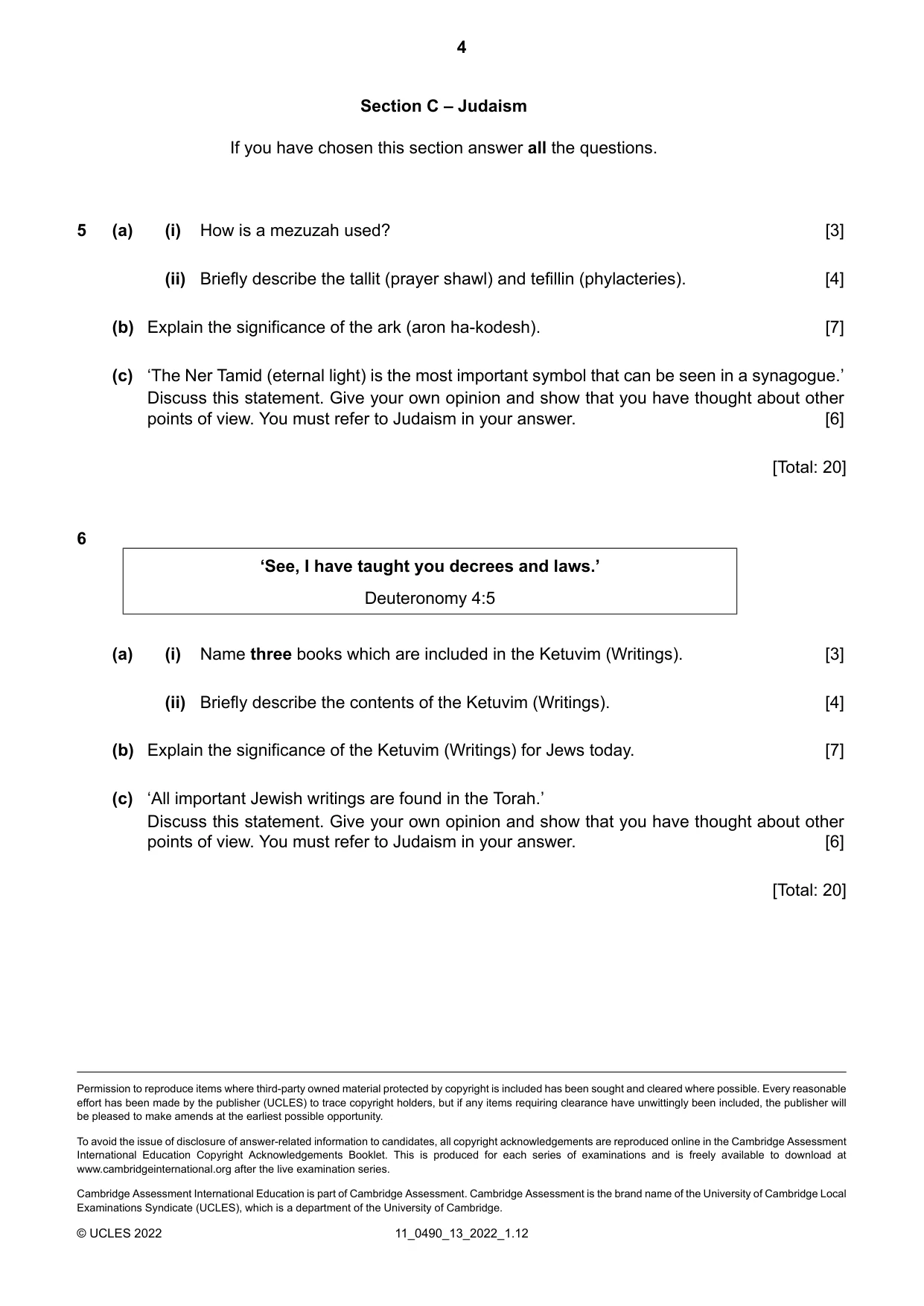 Cambridge IGCSE Religious Studies 0490 2022 Oct/Nov Paper 1 · Variant 3 question paper, page 4 of 4