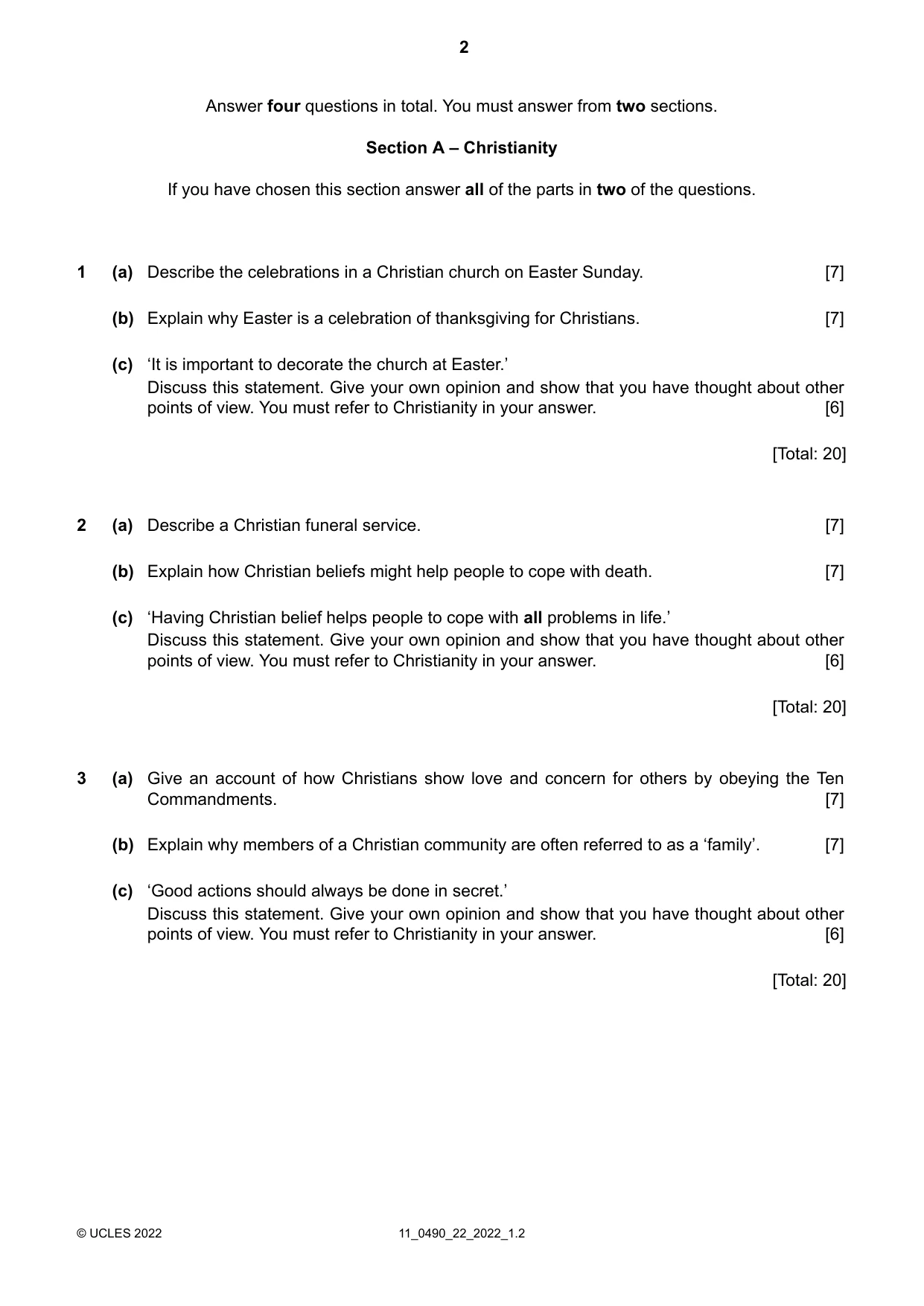Cambridge IGCSE Religious Studies 0490 2022 Oct/Nov Paper 2 · Variant 2 question paper, page 2 of 4