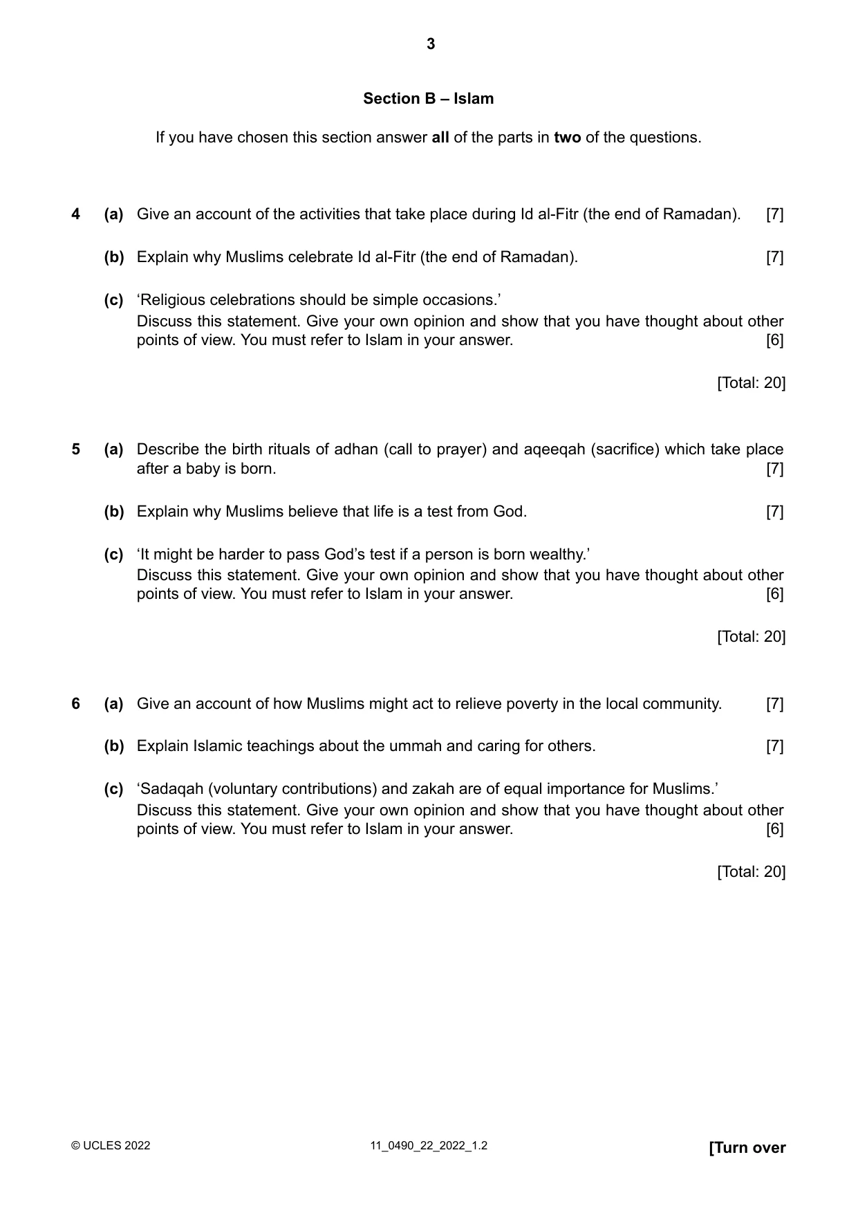 Cambridge IGCSE Religious Studies 0490 2022 Oct/Nov Paper 2 · Variant 2 question paper, page 3 of 4