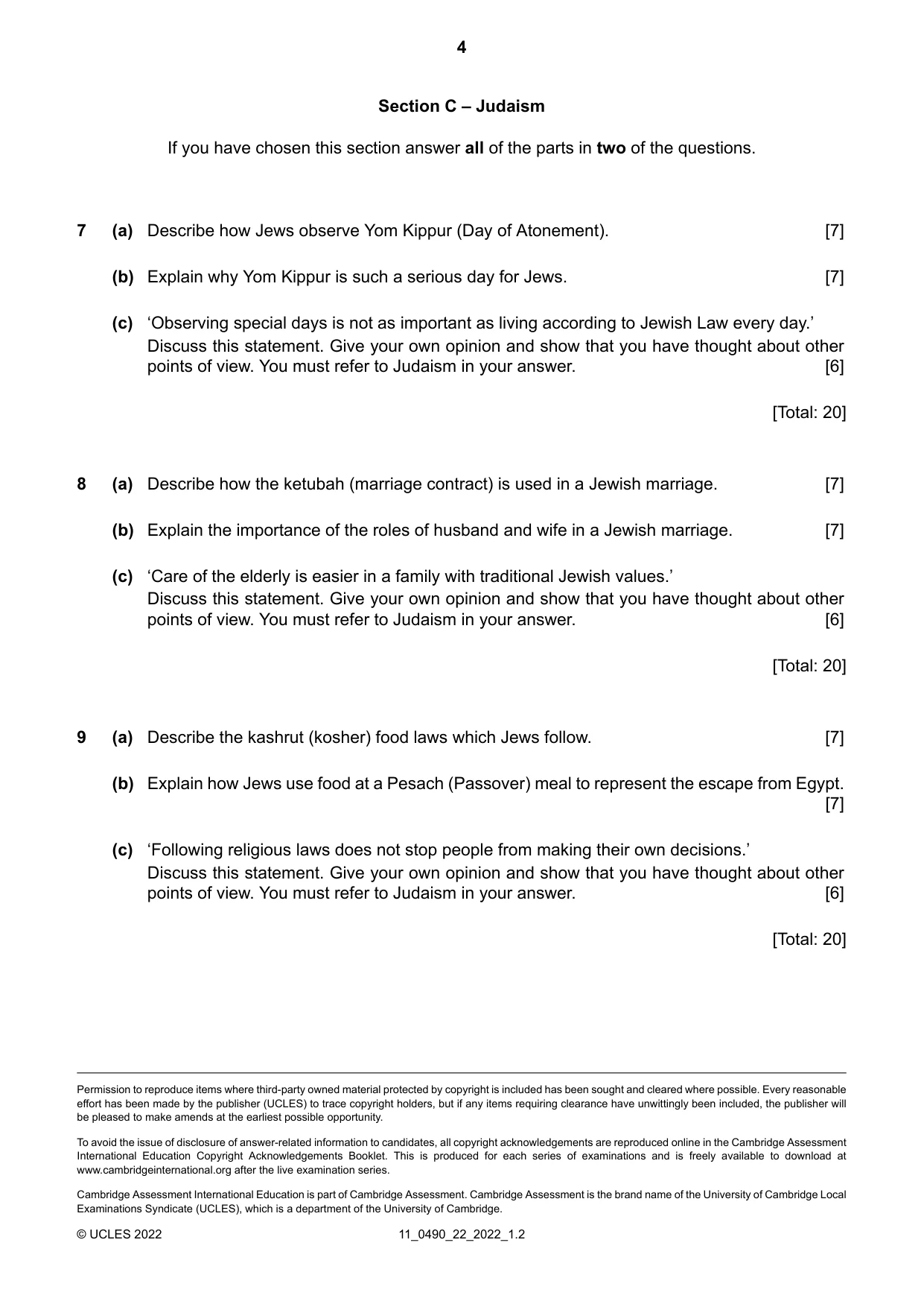 Cambridge IGCSE Religious Studies 0490 2022 Oct/Nov Paper 2 · Variant 2 question paper, page 4 of 4