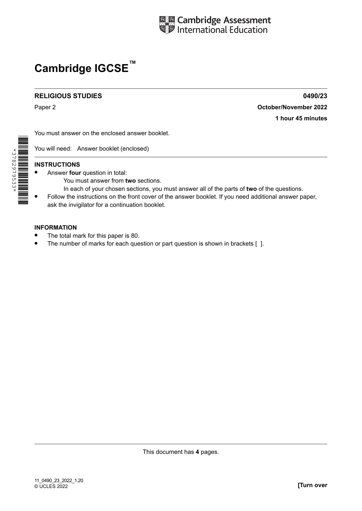 Cambridge IGCSE Religious Studies 0490 2022 Oct/Nov Paper 2 · Variant 3 question paper, page 1 of 4