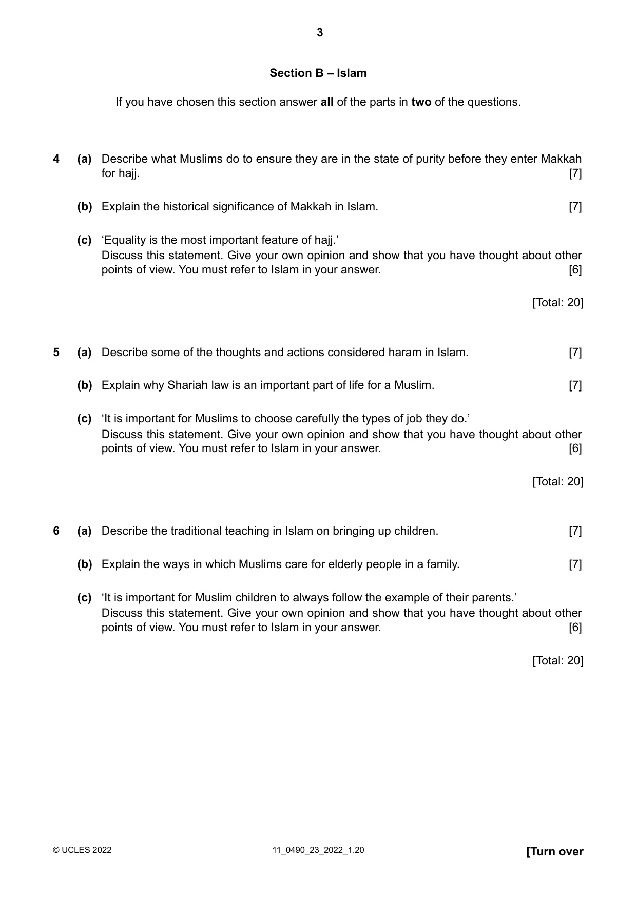 Cambridge IGCSE Religious Studies 0490 2022 Oct/Nov Paper 2 · Variant 3 question paper, page 3 of 4