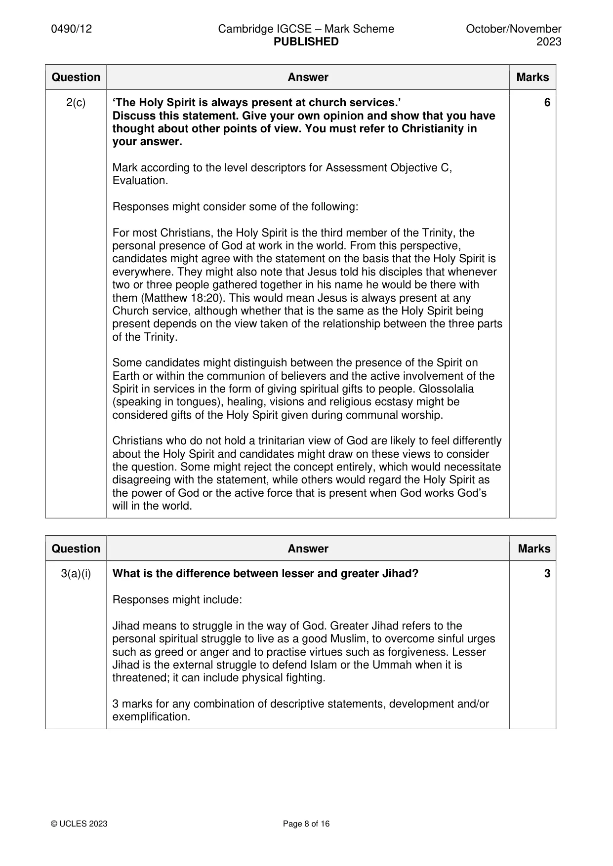 Mark scheme, page 8 of 16