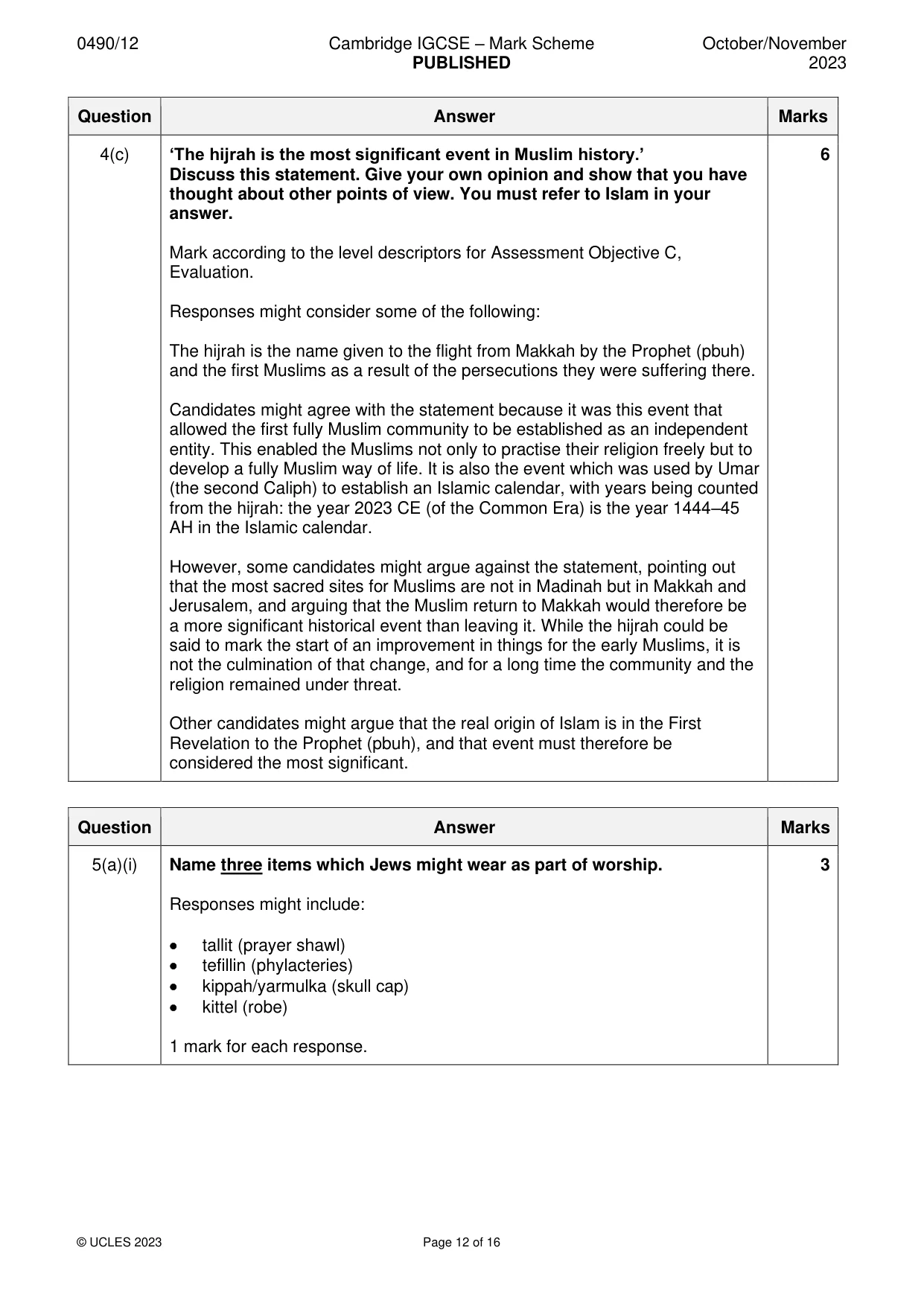 Mark scheme, page 12 of 16