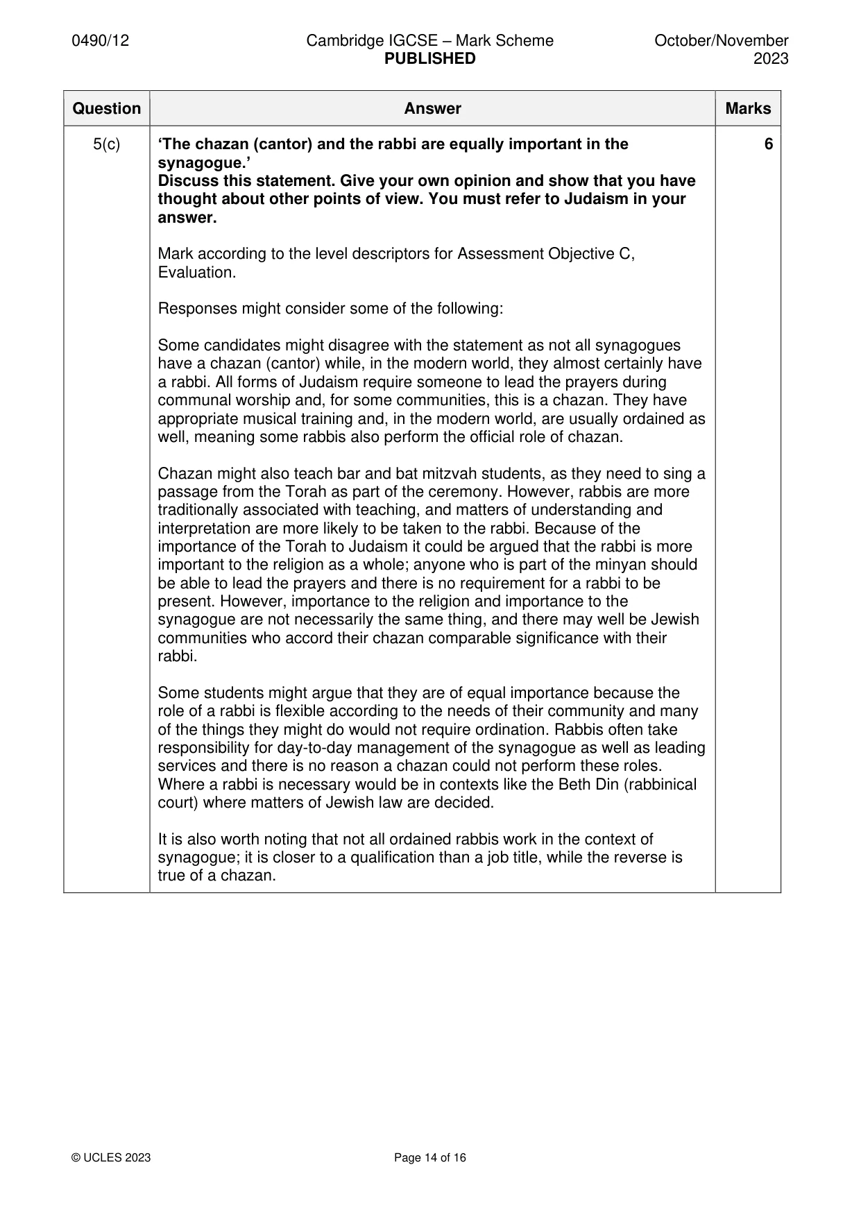 Mark scheme, page 14 of 16