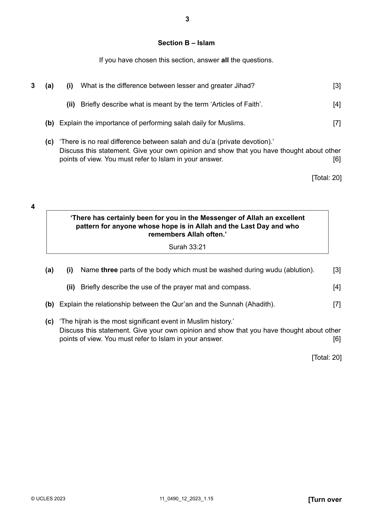 Cambridge IGCSE Religious Studies 0490 2023 Oct/Nov Paper 1 · Variant 2 question paper, page 3 of 4