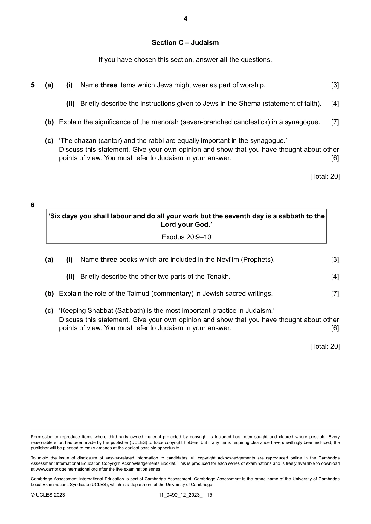 Cambridge IGCSE Religious Studies 0490 2023 Oct/Nov Paper 1 · Variant 2 question paper, page 4 of 4