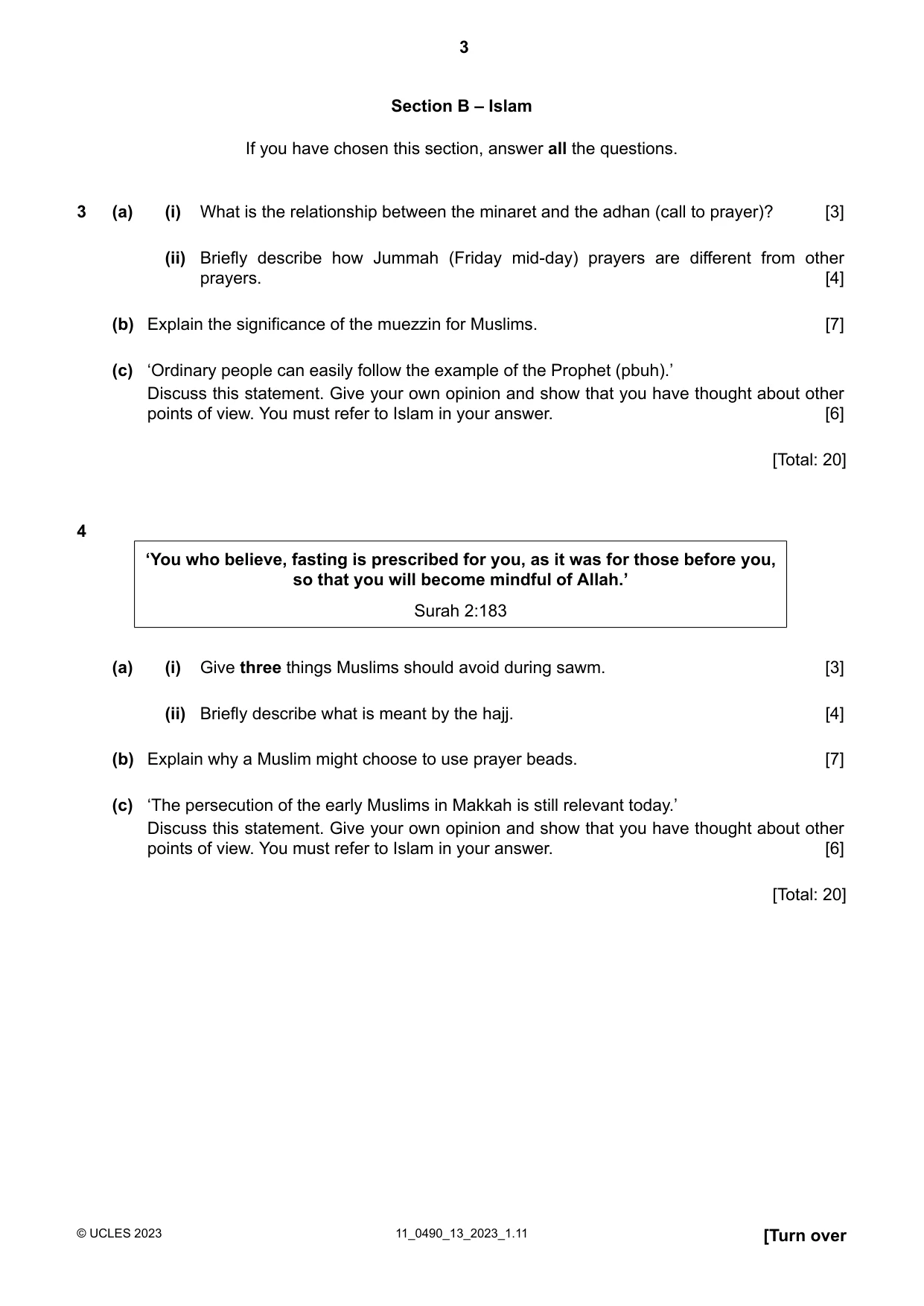 Cambridge IGCSE Religious Studies 0490 2023 Oct/Nov Paper 1 · Variant 3 question paper, page 3 of 4