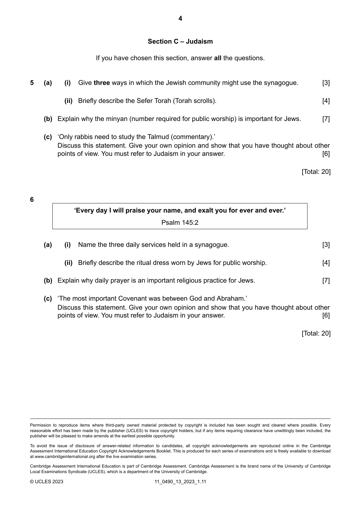 Cambridge IGCSE Religious Studies 0490 2023 Oct/Nov Paper 1 · Variant 3 question paper, page 4 of 4