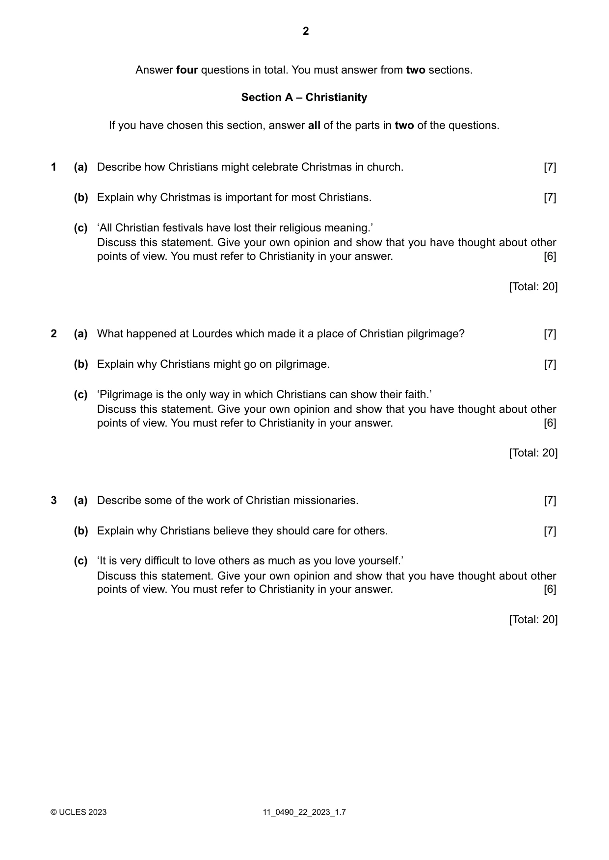Cambridge IGCSE Religious Studies 0490 2023 Oct/Nov Paper 2 · Variant 2 question paper, page 2 of 4