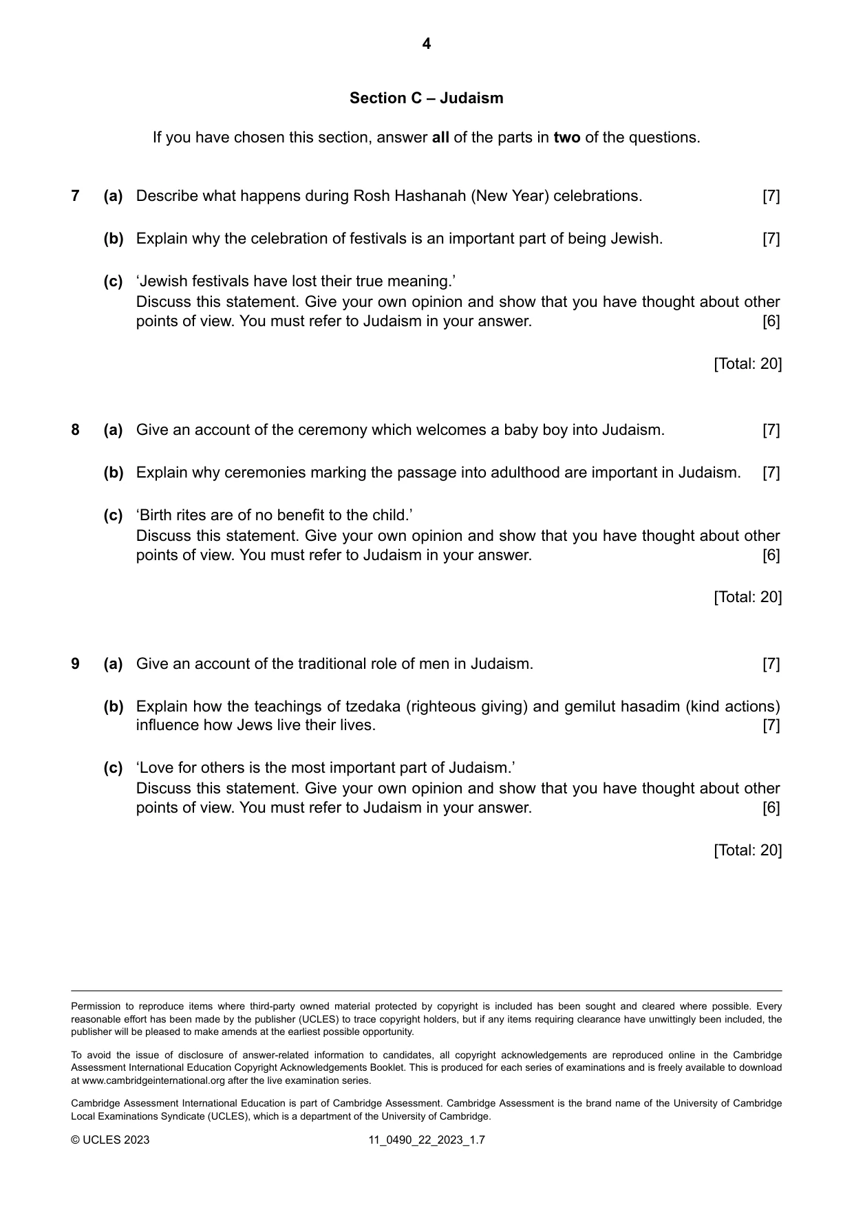 Cambridge IGCSE Religious Studies 0490 2023 Oct/Nov Paper 2 · Variant 2 question paper, page 4 of 4