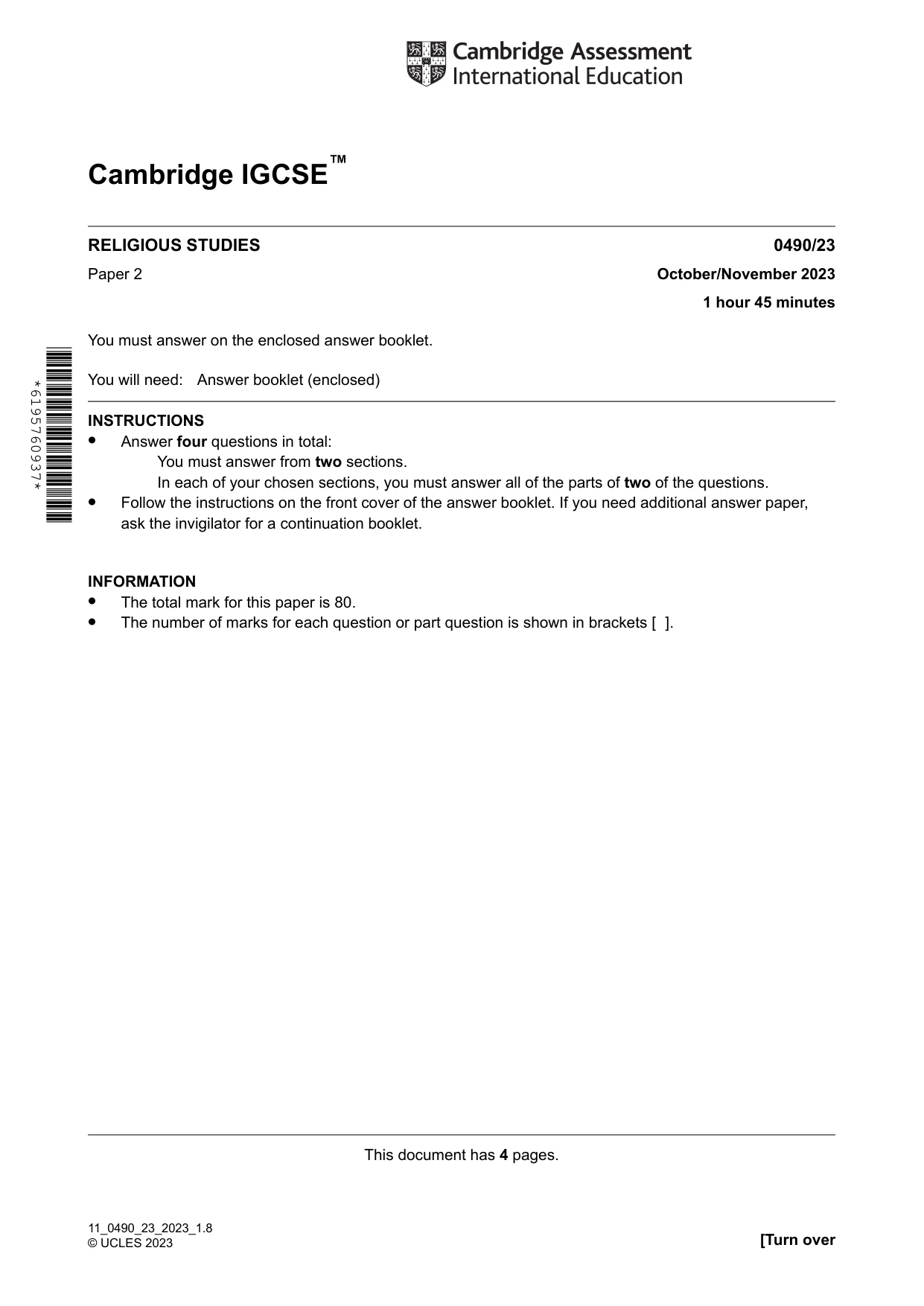 Cambridge IGCSE Religious Studies 0490 2023 Oct/Nov Paper 2 · Variant 3 question paper, page 1 of 4