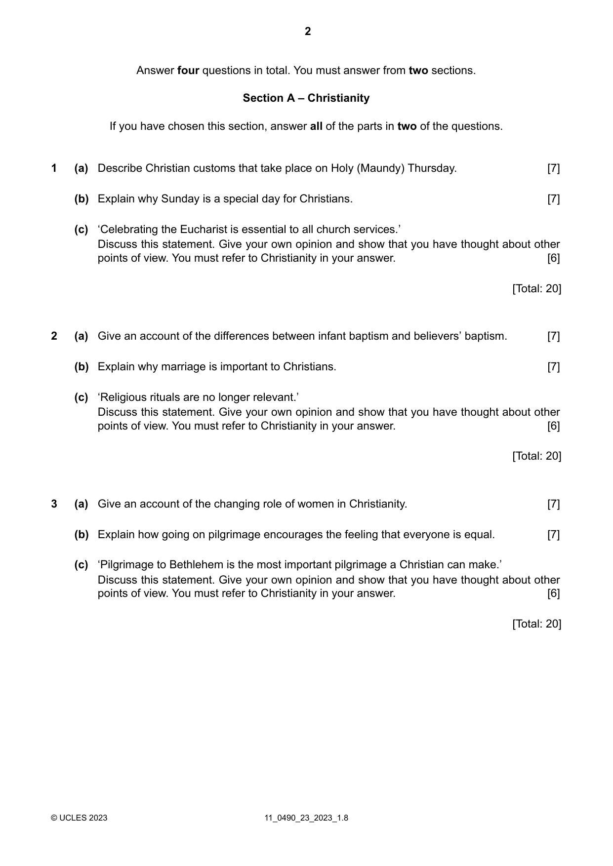 Cambridge IGCSE Religious Studies 0490 2023 Oct/Nov Paper 2 · Variant 3 question paper, page 2 of 4