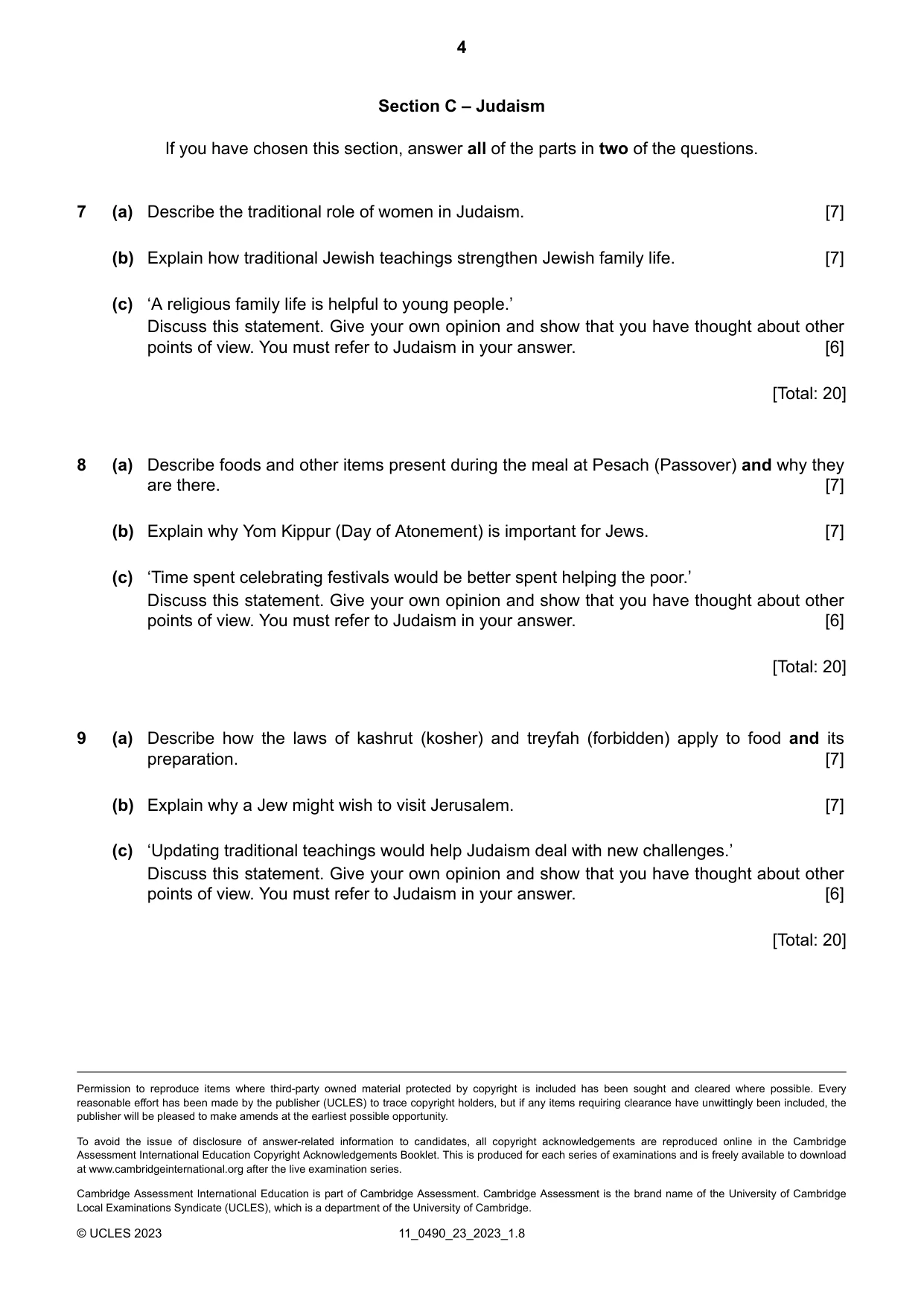 Cambridge IGCSE Religious Studies 0490 2023 Oct/Nov Paper 2 · Variant 3 question paper, page 4 of 4