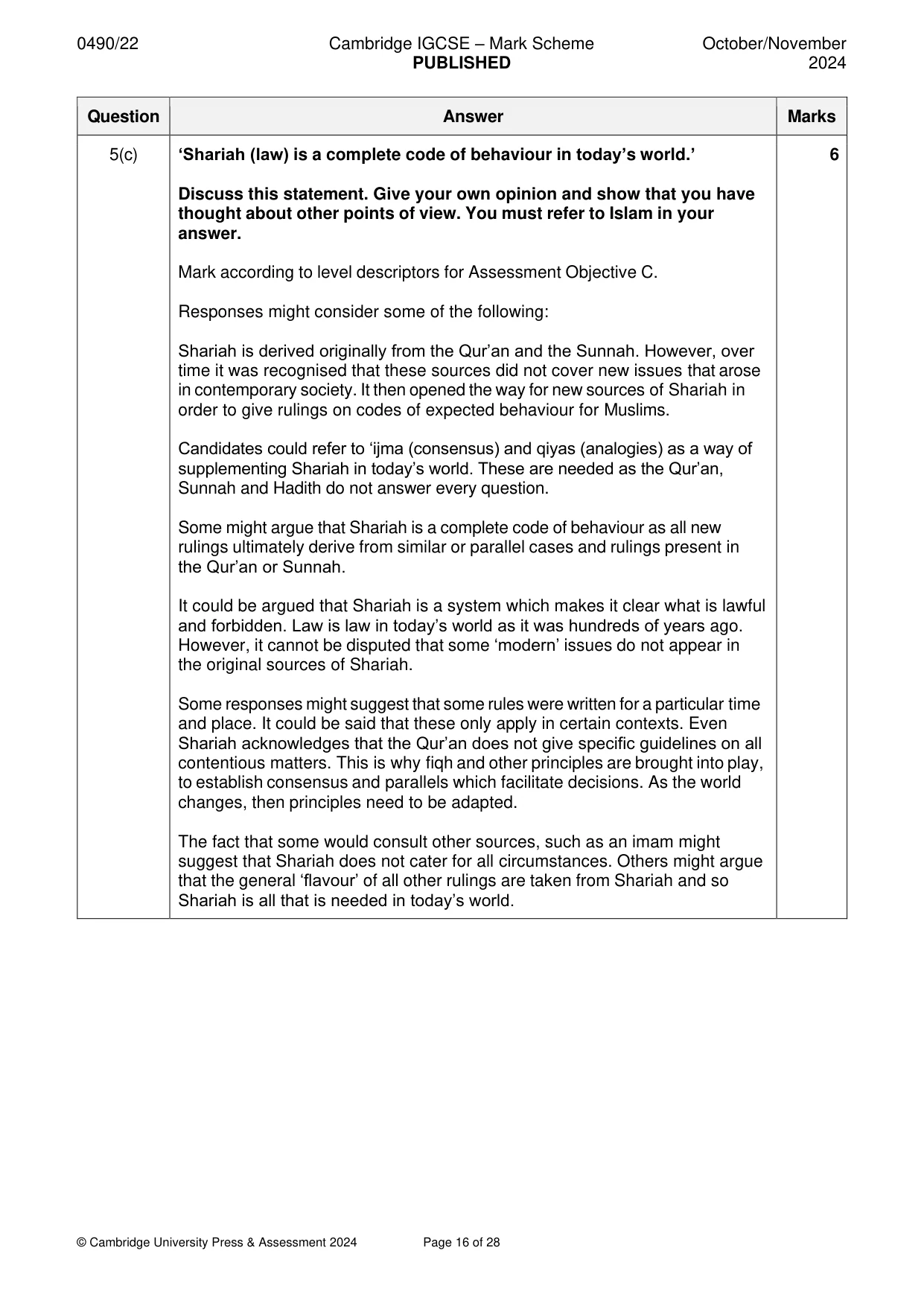 Mark scheme, page 16 of 28