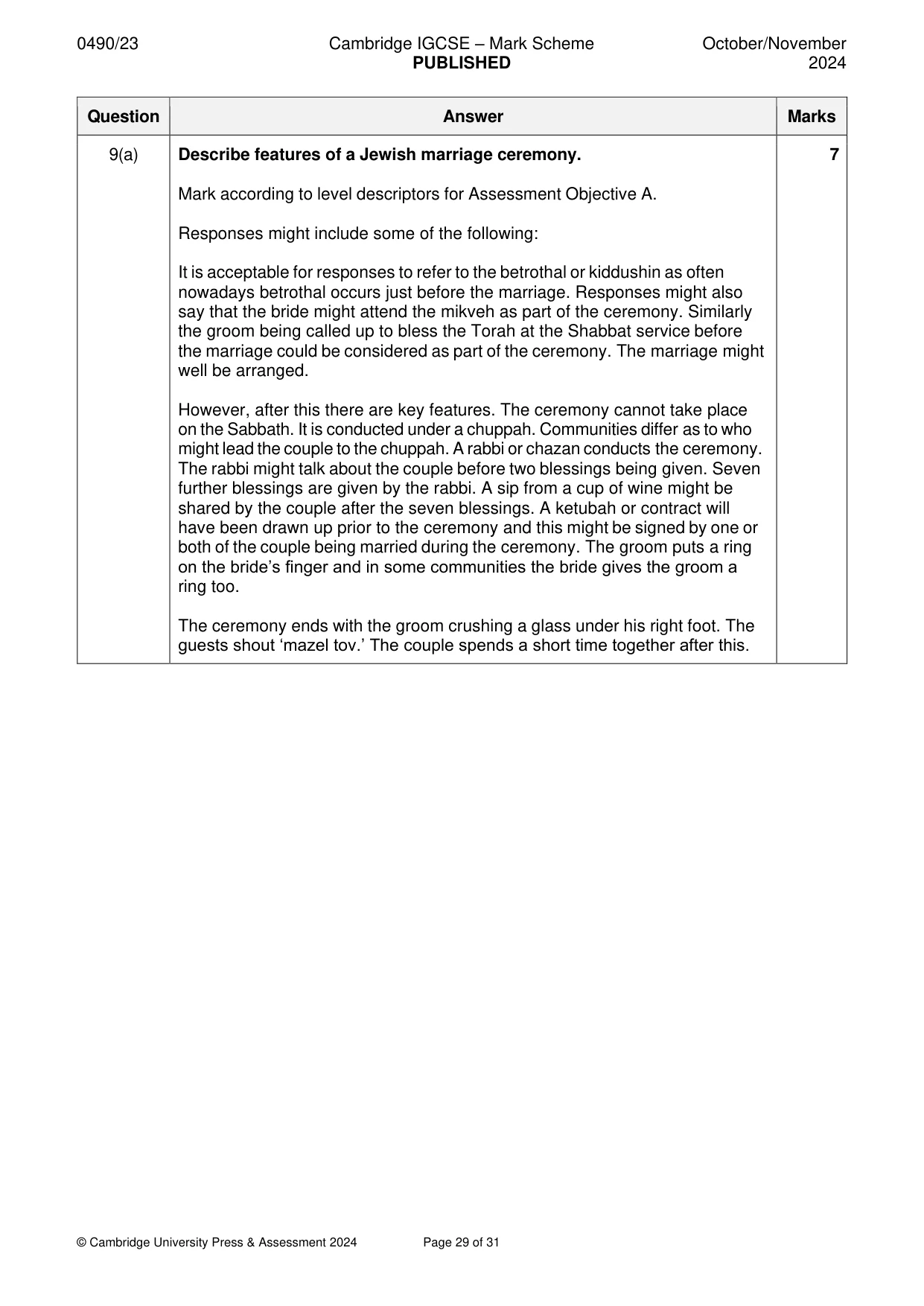 Mark scheme, page 29 of 31