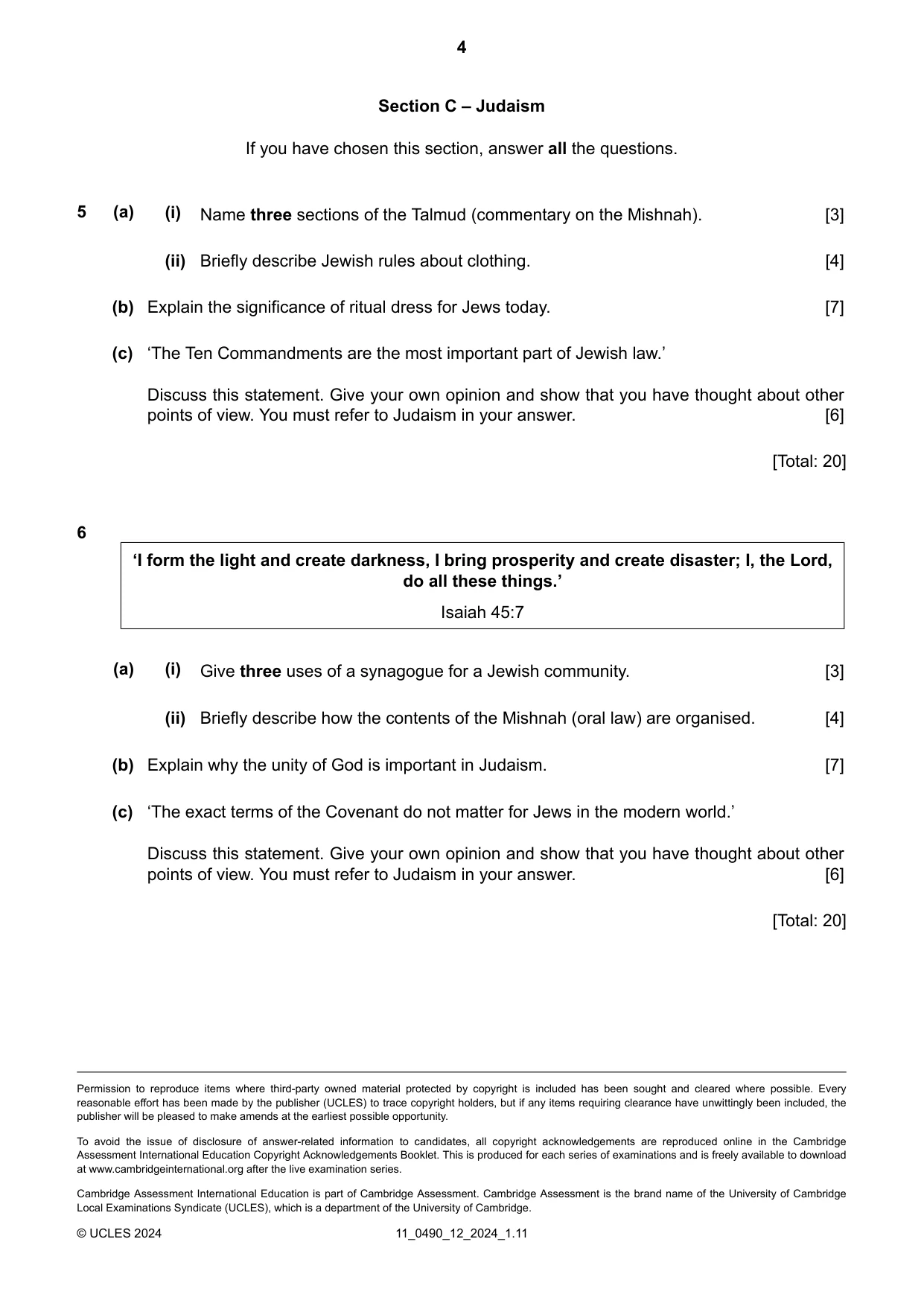 Cambridge IGCSE Religious Studies 0490 2024 Oct/Nov Paper 1 · Variant 2 question paper, page 4 of 4
