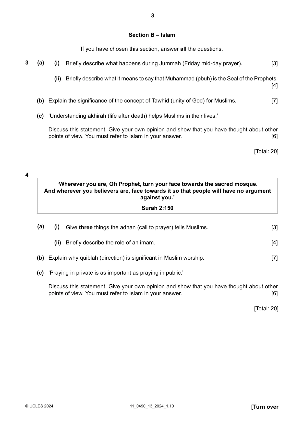Cambridge IGCSE Religious Studies 0490 2024 Oct/Nov Paper 1 · Variant 3 question paper, page 3 of 4