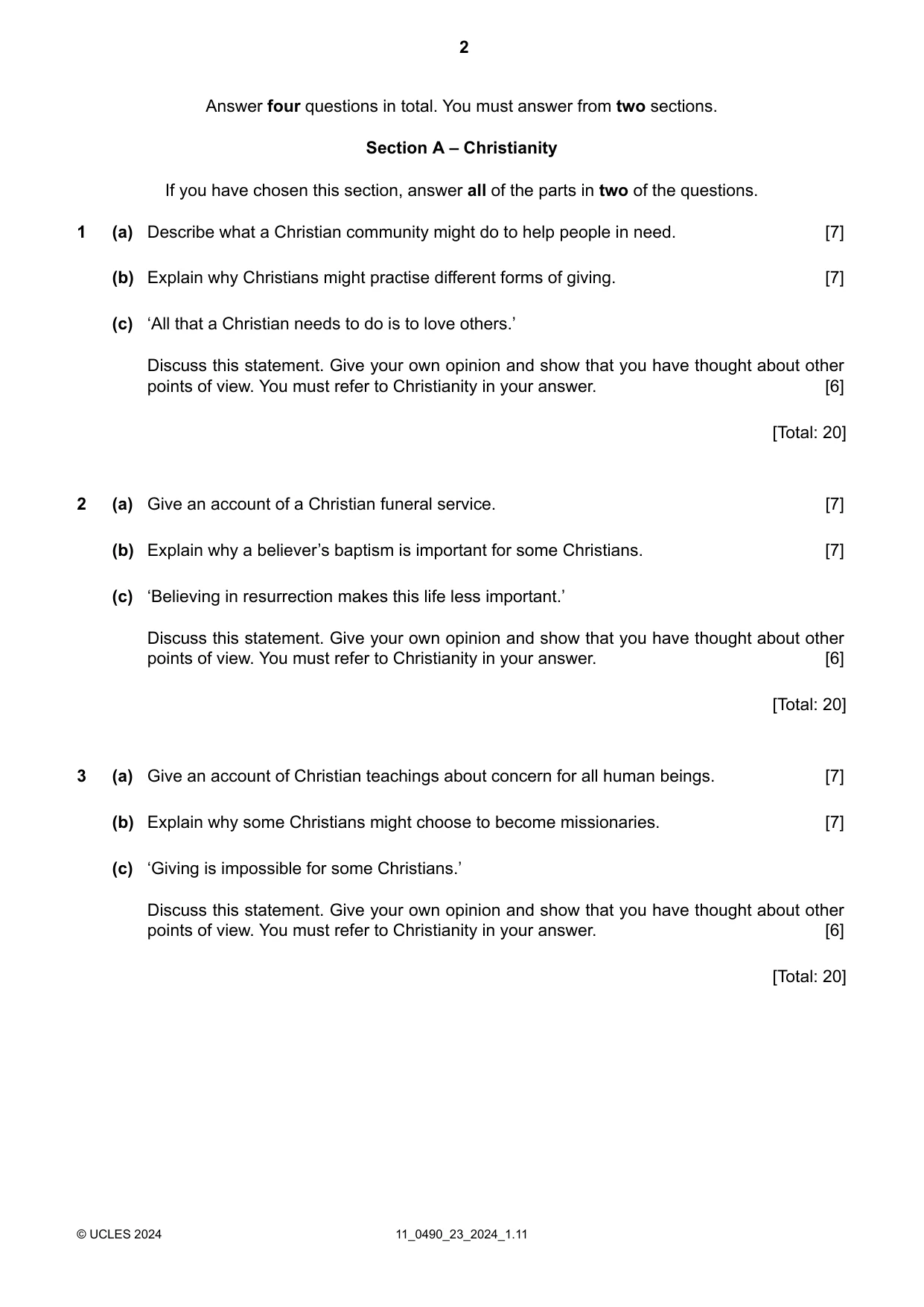 Cambridge IGCSE Religious Studies 0490 2024 Oct/Nov Paper 2 · Variant 3 question paper, page 2 of 4
