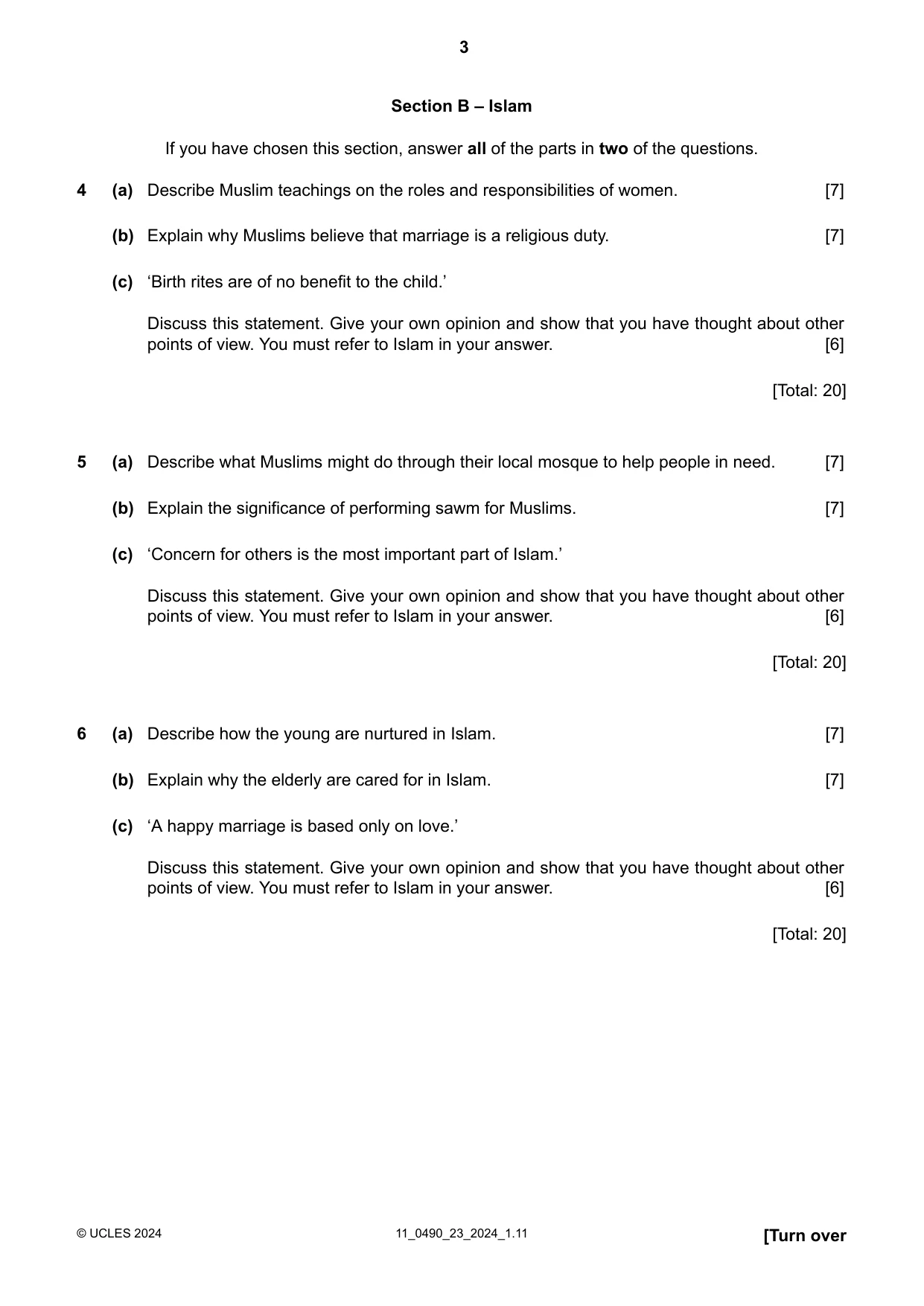 Cambridge IGCSE Religious Studies 0490 2024 Oct/Nov Paper 2 · Variant 3 question paper, page 3 of 4