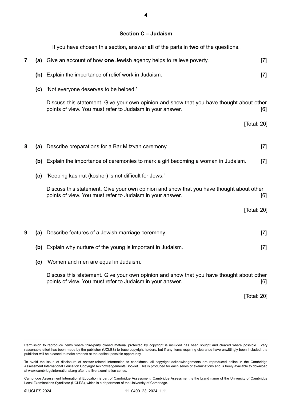 Cambridge IGCSE Religious Studies 0490 2024 Oct/Nov Paper 2 · Variant 3 question paper, page 4 of 4