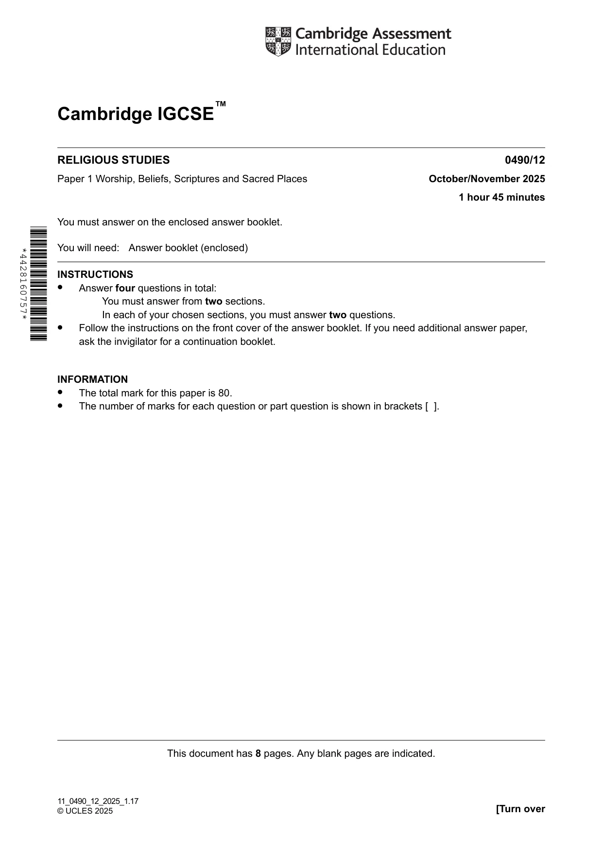 Cambridge IGCSE Religious Studies 0490 2025 Oct/Nov Paper 1 · Variant 2 question paper, page 1 of 8