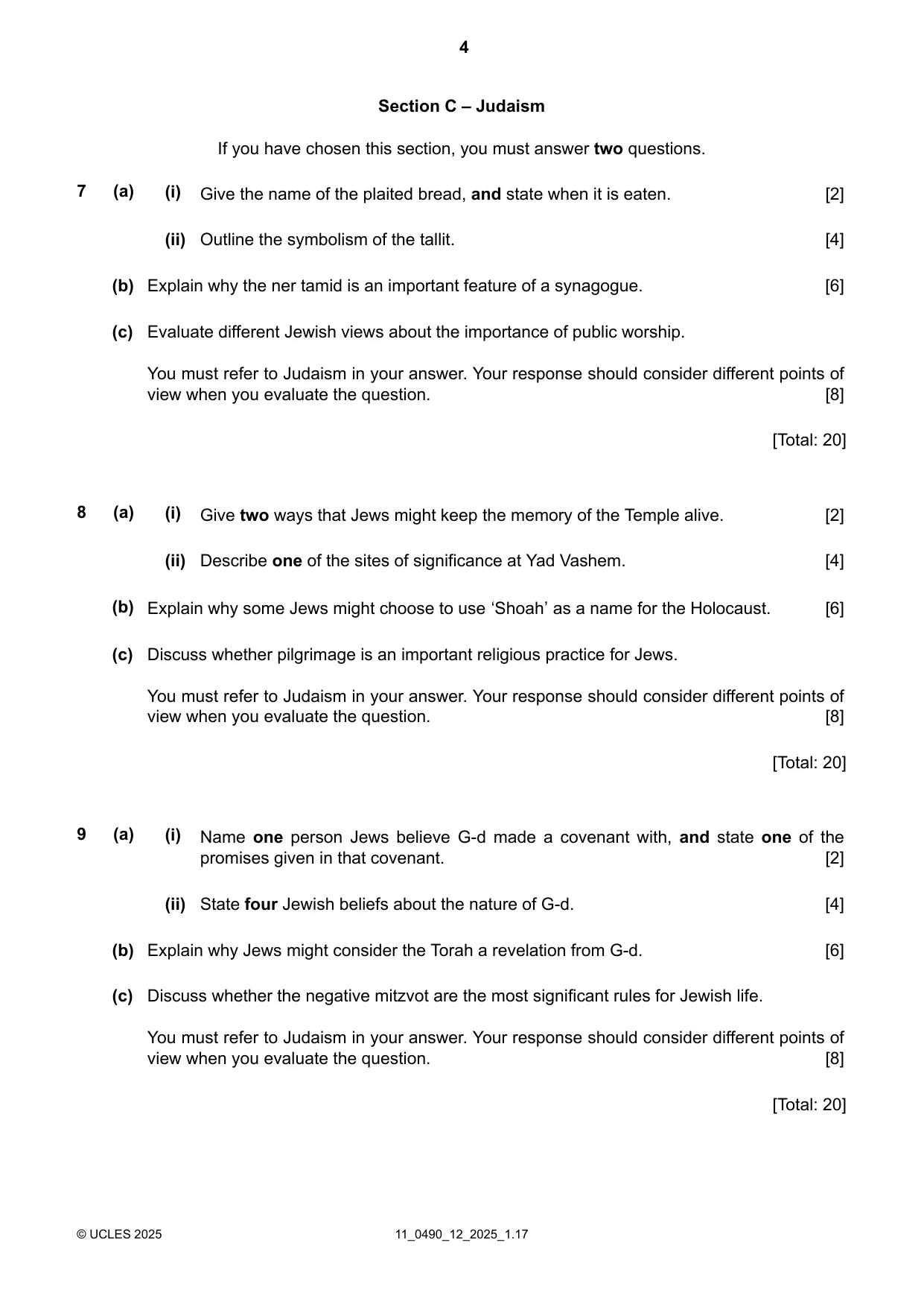 Cambridge IGCSE Religious Studies 0490 2025 Oct/Nov Paper 1 · Variant 2 question paper, page 4 of 8