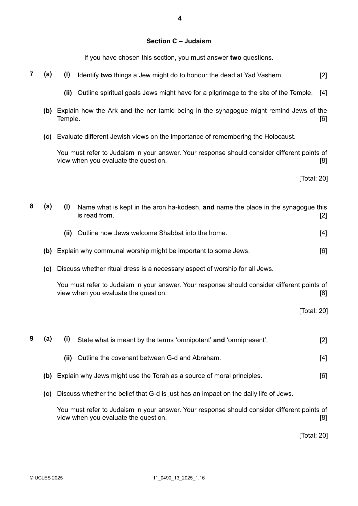 Cambridge IGCSE Religious Studies 0490 2025 Oct/Nov Paper 1 · Variant 3 question paper, page 4 of 8