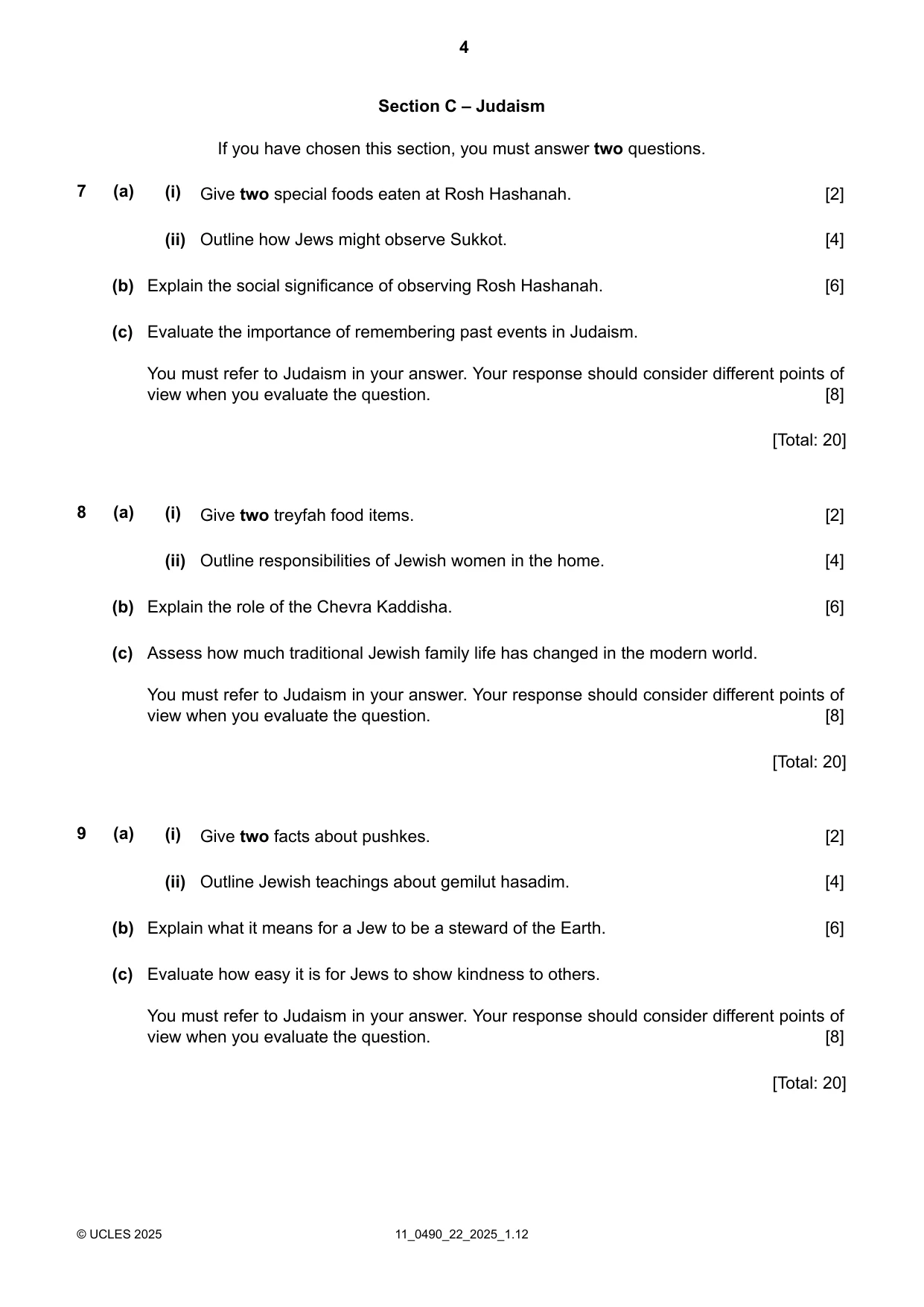 Cambridge IGCSE Religious Studies 0490 2025 Oct/Nov Paper 2 · Variant 2 question paper, page 4 of 8