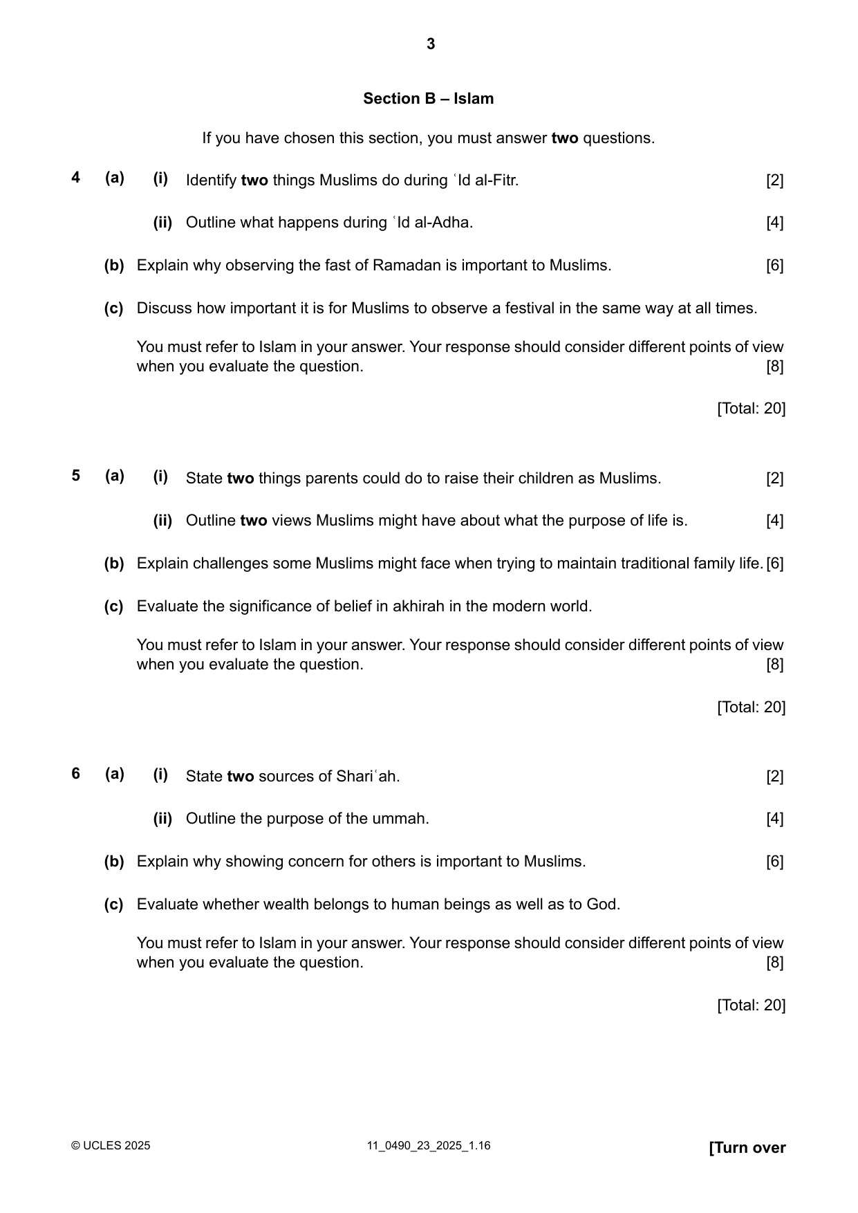 Cambridge IGCSE Religious Studies 0490 2025 Oct/Nov Paper 2 · Variant 3 question paper, page 3 of 8