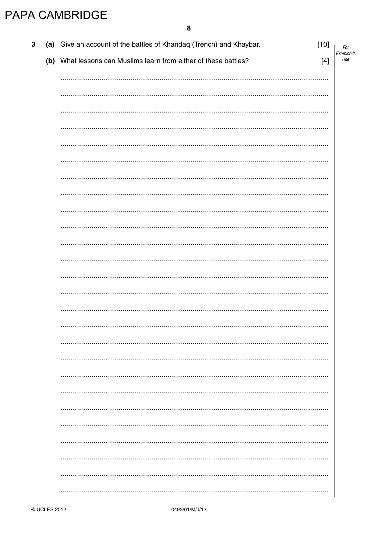 Cambridge IGCSE Islamiyat 0493 2012 May/June Paper 1 · Variant 1 question paper, page 8 of 16