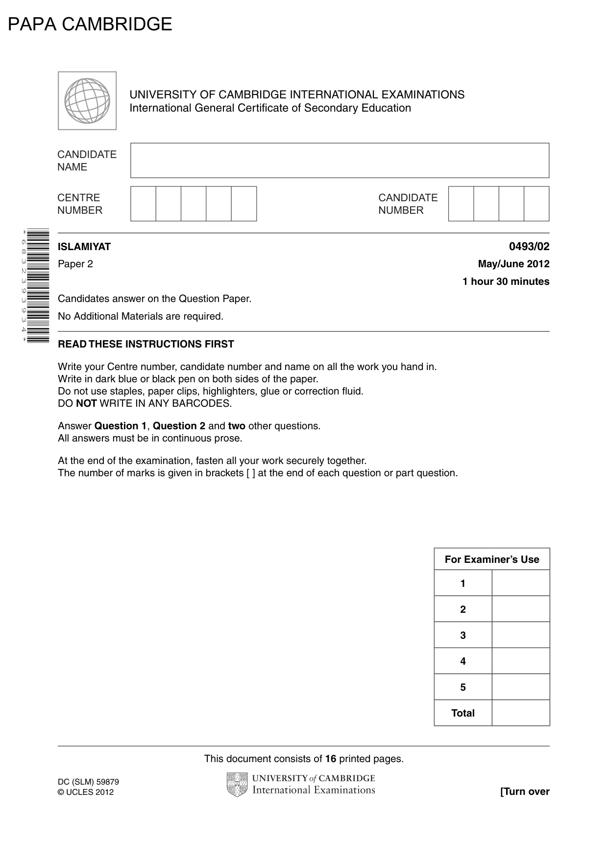 Cambridge IGCSE Islamiyat 0493 2012 May/June Paper 2 · Variant 1 question paper, page 1 of 16