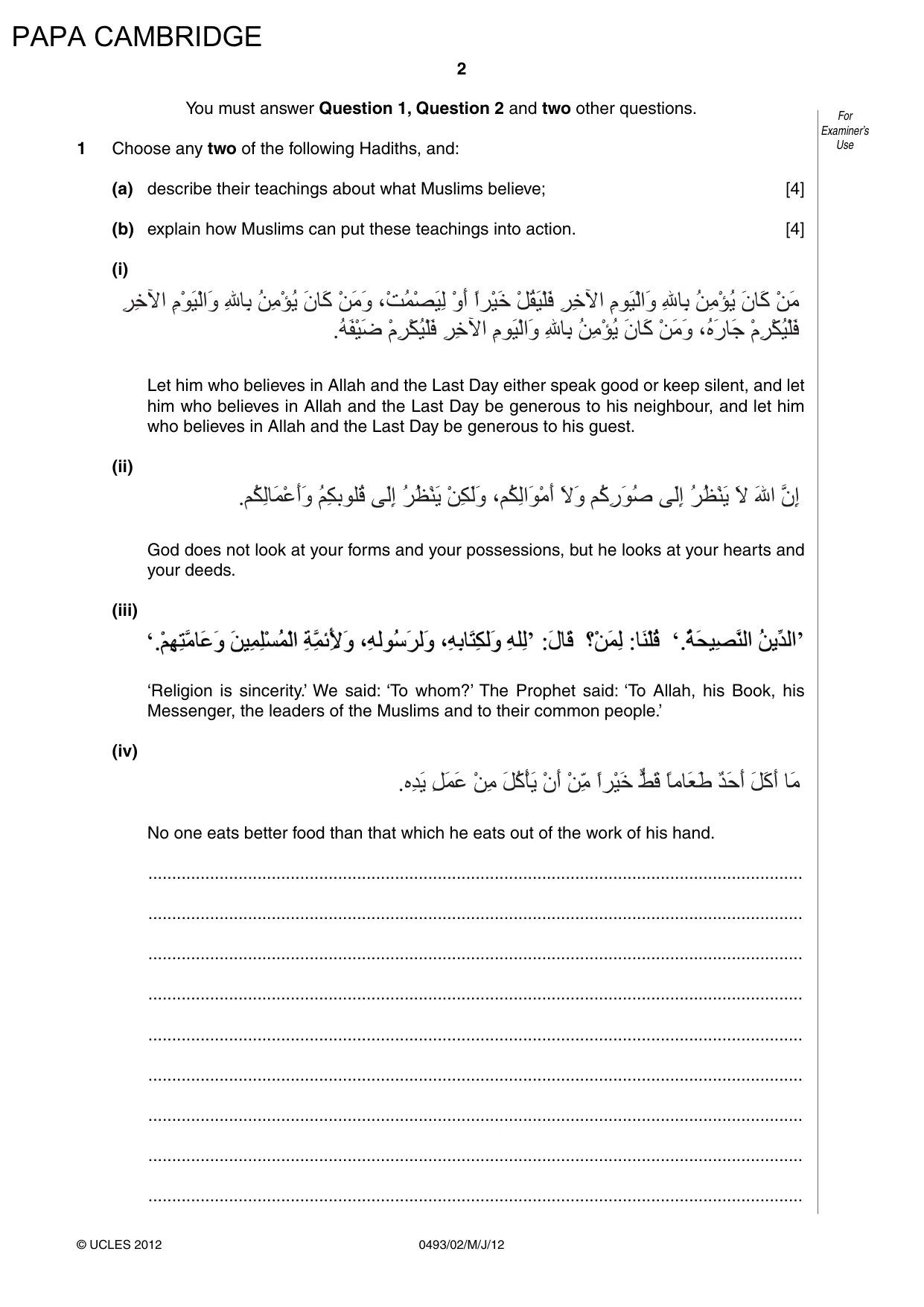 Cambridge IGCSE Islamiyat 0493 2012 May/June Paper 2 · Variant 1 question paper, page 2 of 16