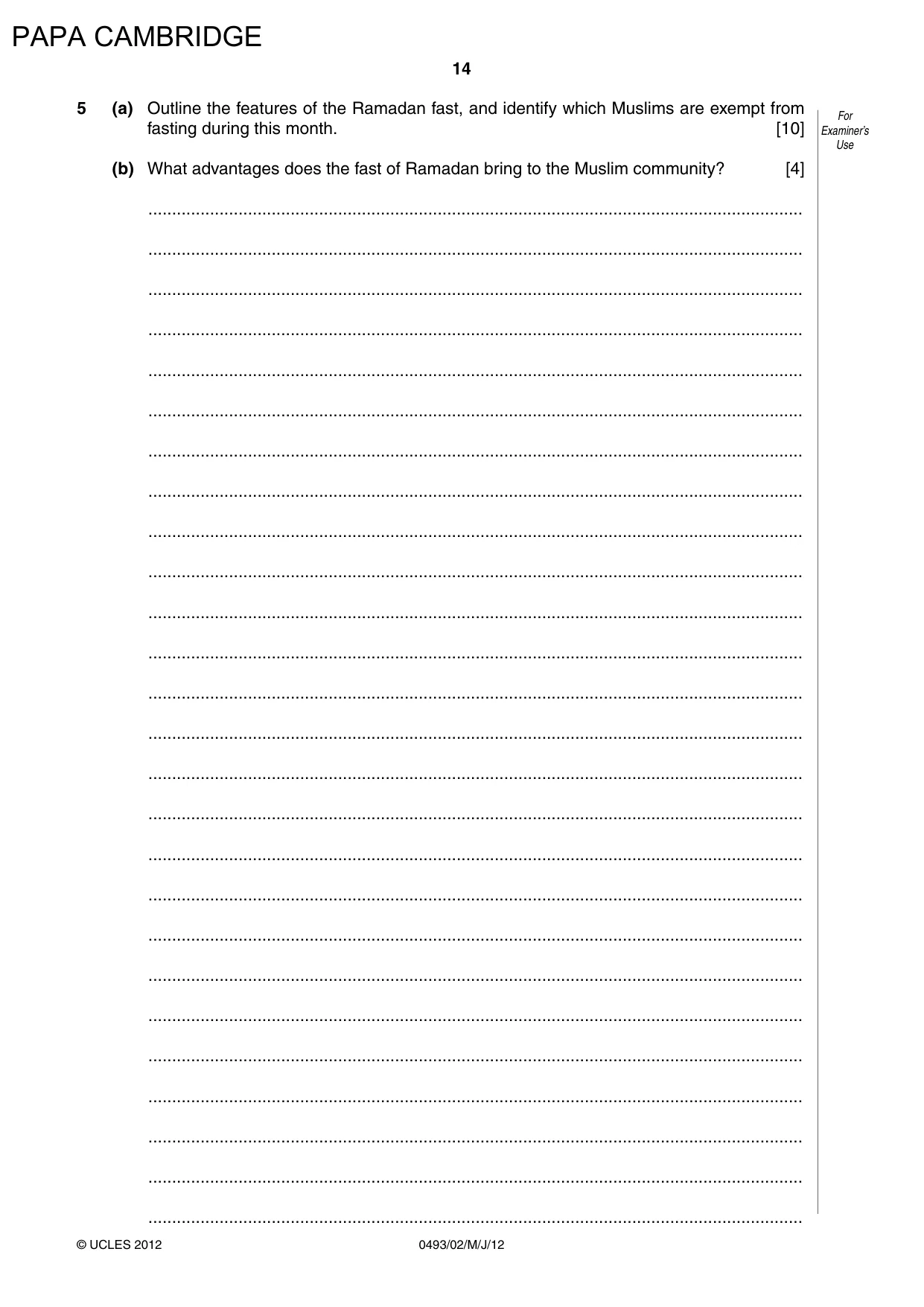Cambridge IGCSE Islamiyat 0493 2012 May/June Paper 2 · Variant 1 question paper, page 14 of 16