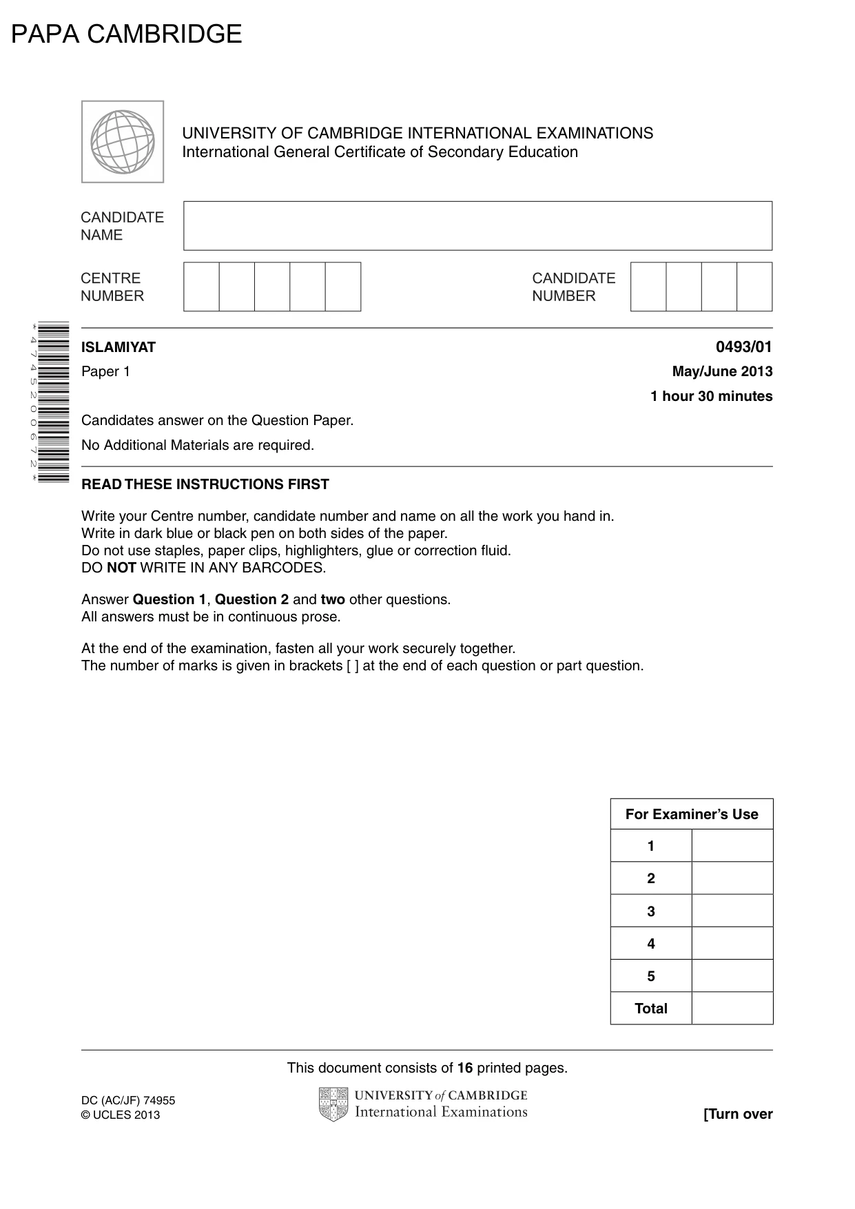Cambridge IGCSE Islamiyat 0493 2013 May/June Paper 1 · Variant 1 question paper, page 2 of 17