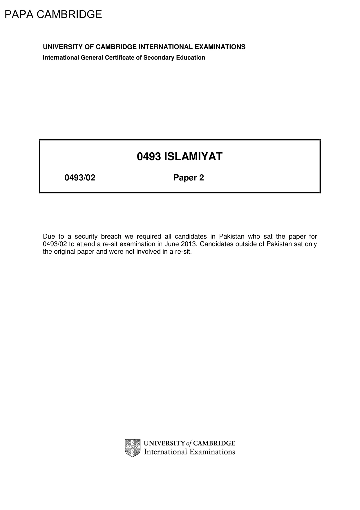Cambridge IGCSE Islamiyat 0493 2013 May/June Paper 2 · Variant 1 question paper, page 1 of 17