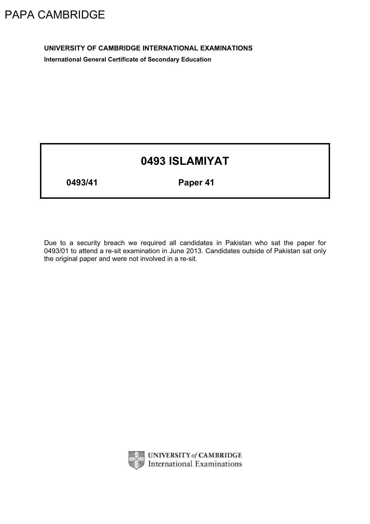 Cambridge IGCSE Islamiyat 0493 2013 May/June Paper 4 · Variant 1 question paper, page 1 of 17