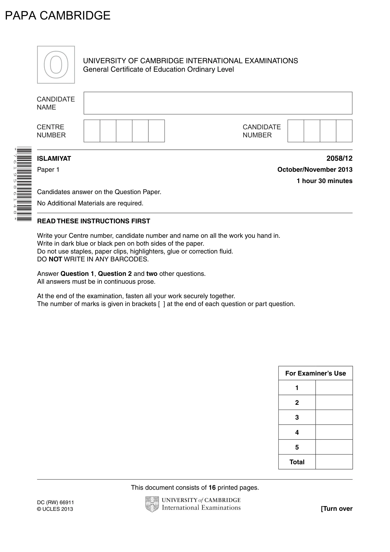 Cambridge IGCSE Islamiyat 0493 2013 May/June Paper 4 · Variant 1 question paper, page 2 of 17