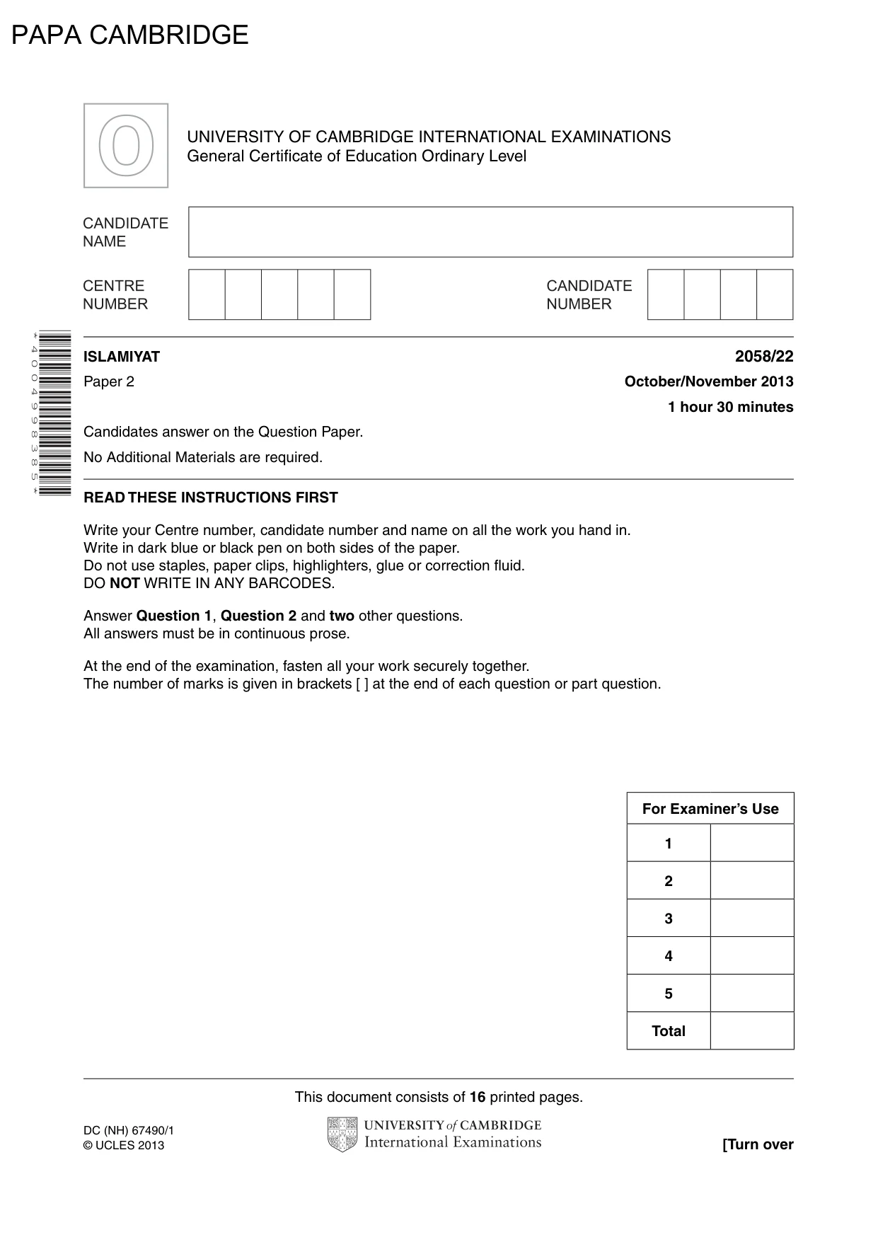 Cambridge IGCSE Islamiyat 0493 2013 May/June Paper 4 · Variant 2 question paper, page 2 of 17