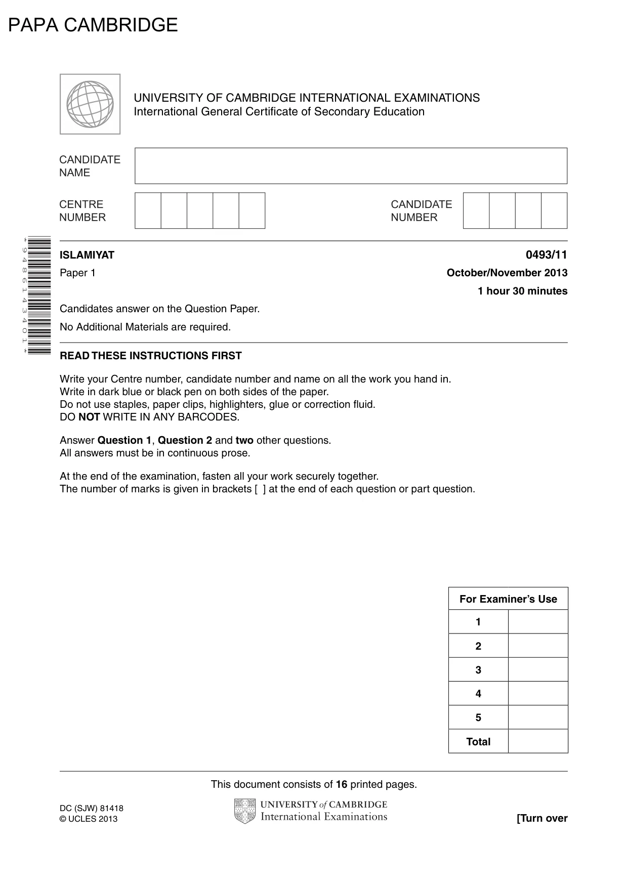 Cambridge IGCSE Islamiyat 0493 2013 Oct/Nov Paper 1 · Variant 1 question paper, page 1 of 16