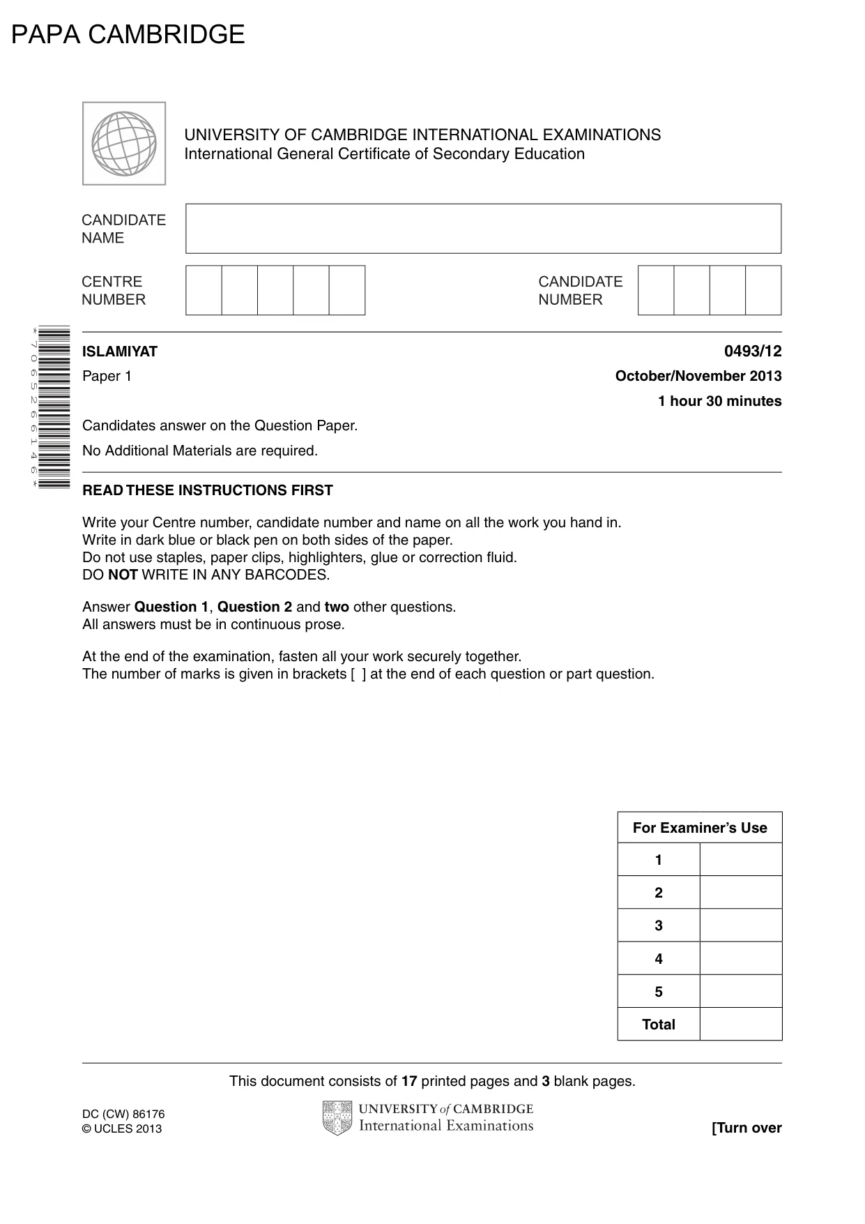 Cambridge IGCSE Islamiyat 0493 2013 Oct/Nov Paper 1 · Variant 2 question paper, page 1 of 20