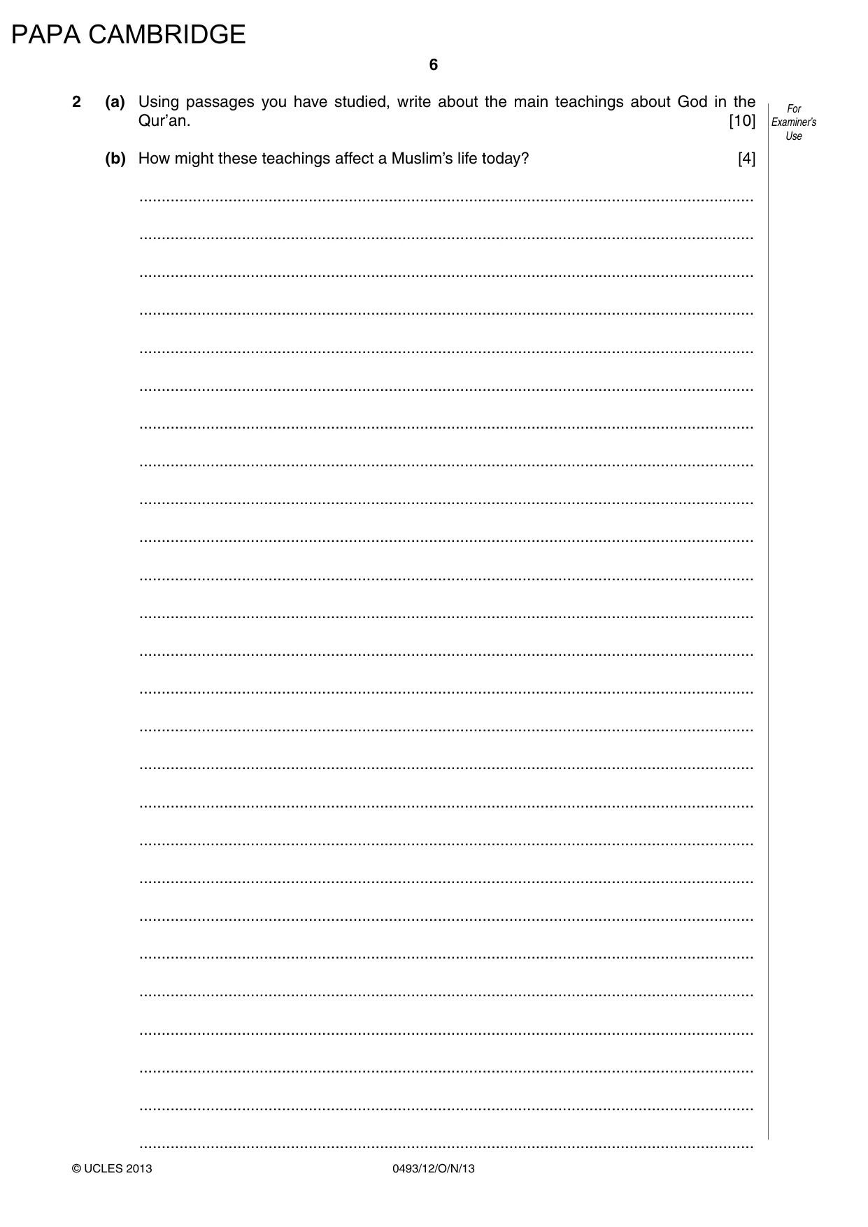 Cambridge IGCSE Islamiyat 0493 2013 Oct/Nov Paper 1 · Variant 2 question paper, page 6 of 20
