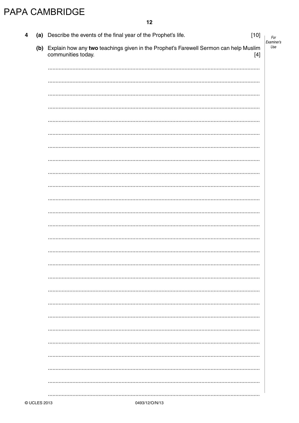 Cambridge IGCSE Islamiyat 0493 2013 Oct/Nov Paper 1 · Variant 2 question paper, page 12 of 20