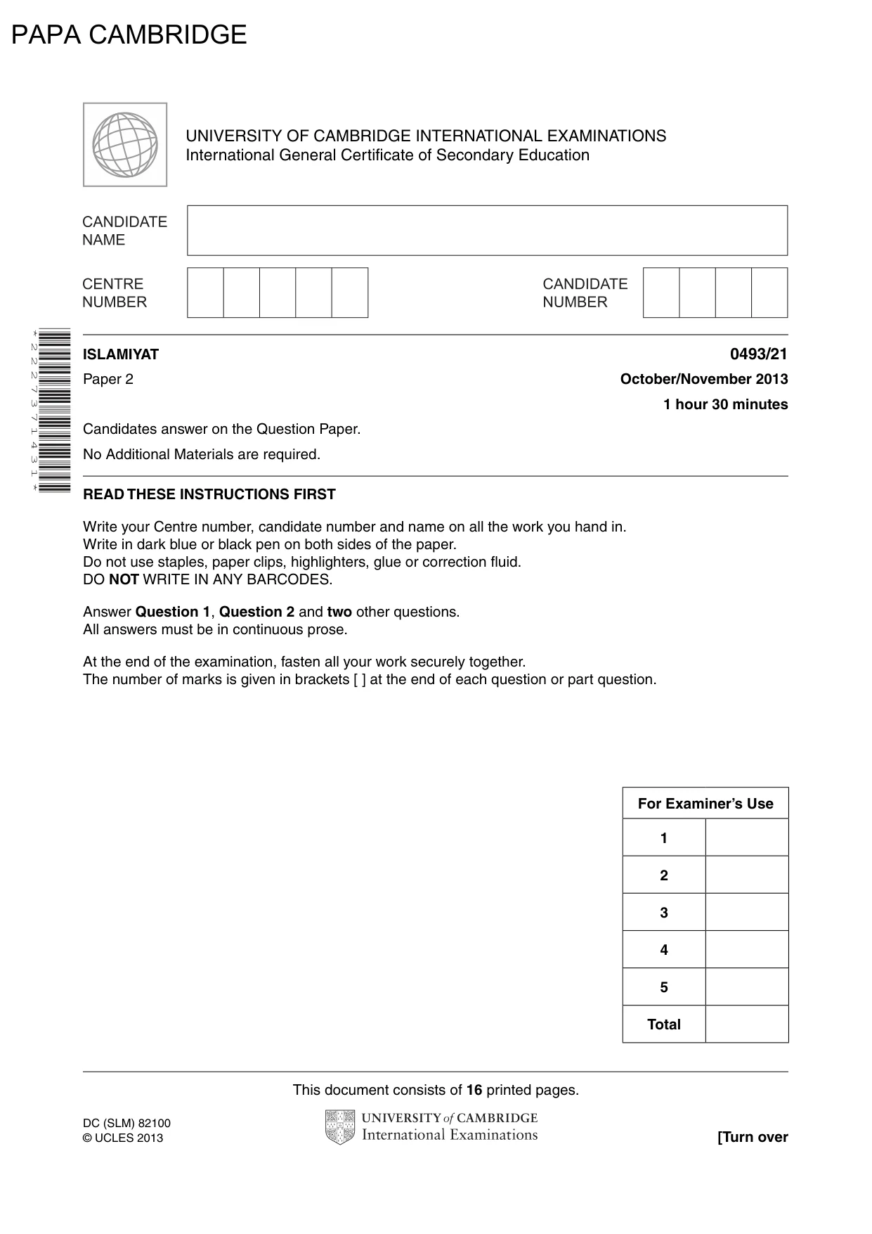 Cambridge IGCSE Islamiyat 0493 2013 Oct/Nov Paper 2 · Variant 1 question paper, page 1 of 16
