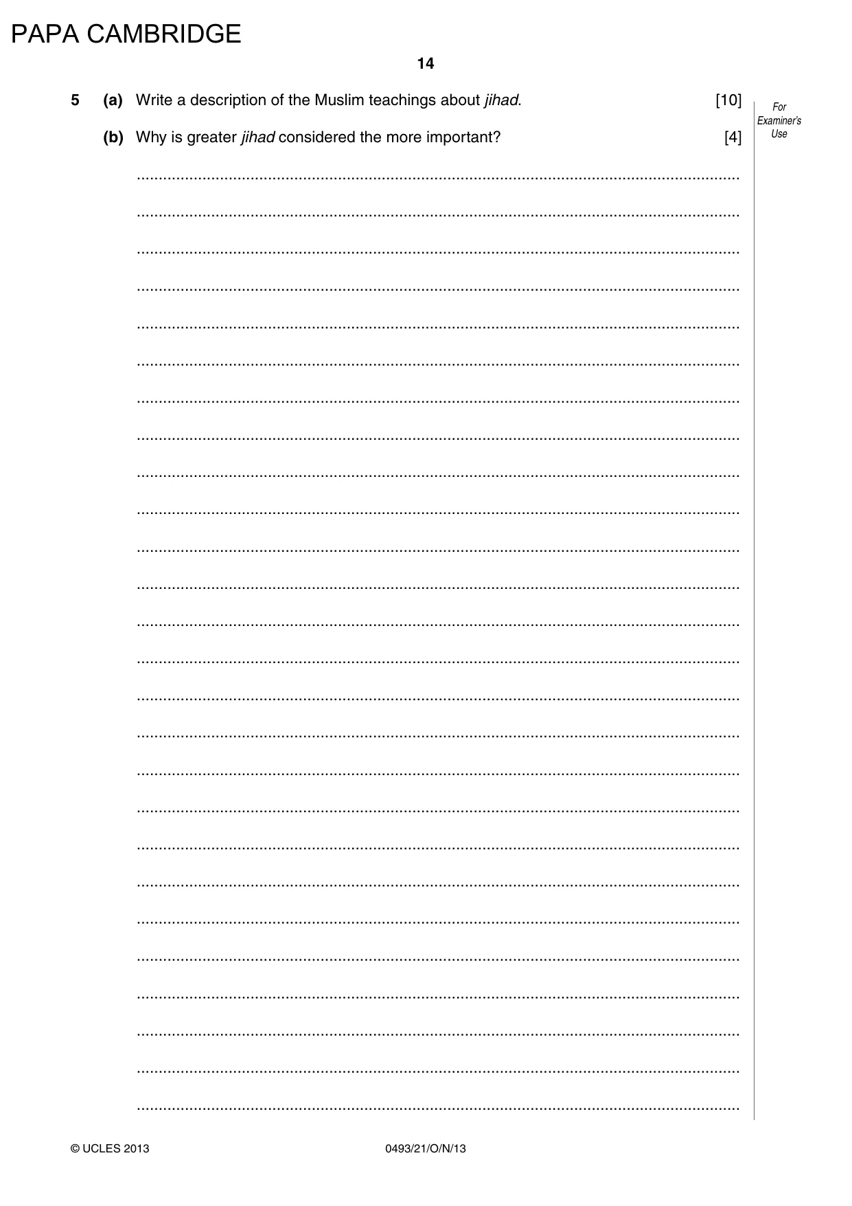 Cambridge IGCSE Islamiyat 0493 2013 Oct/Nov Paper 2 · Variant 1 question paper, page 14 of 16
