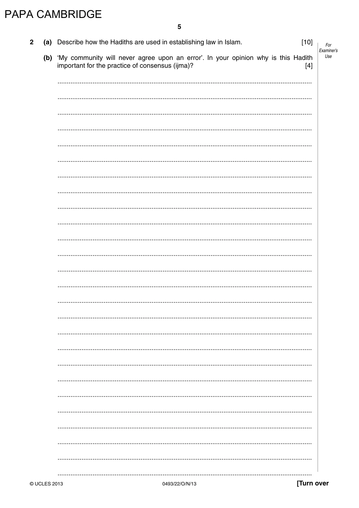 Cambridge IGCSE Islamiyat 0493 2013 Oct/Nov Paper 2 · Variant 2 question paper, page 5 of 16