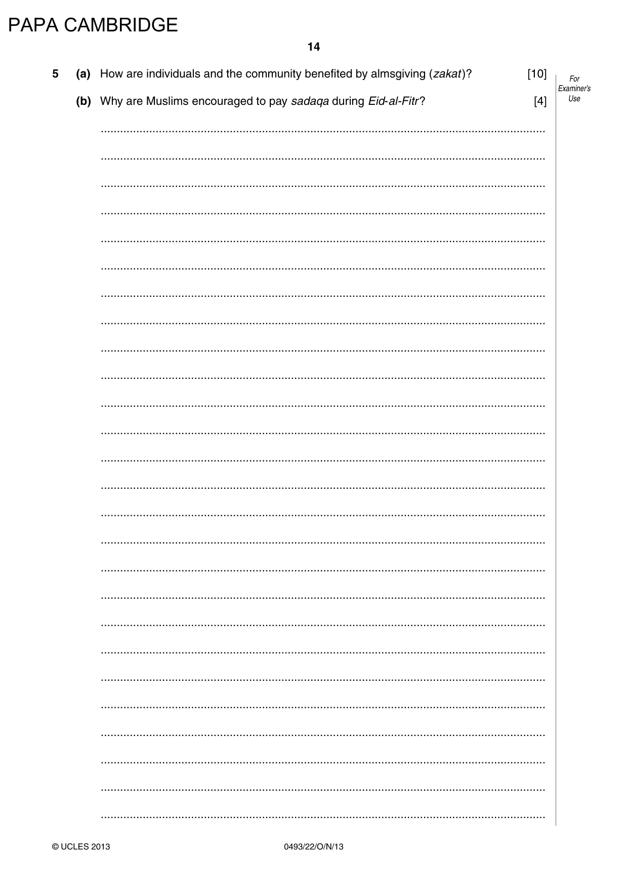 Cambridge IGCSE Islamiyat 0493 2013 Oct/Nov Paper 2 · Variant 2 question paper, page 14 of 16